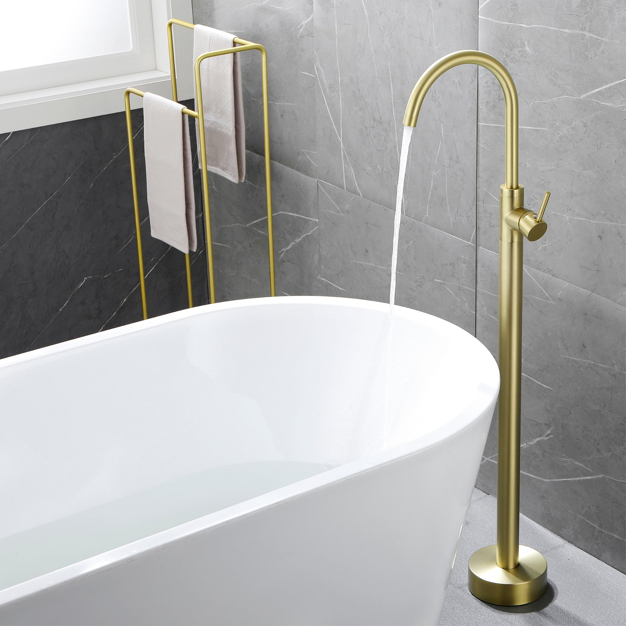 Single Handle Dual Control Floor Mounted Freestanding Bathtub Faucet