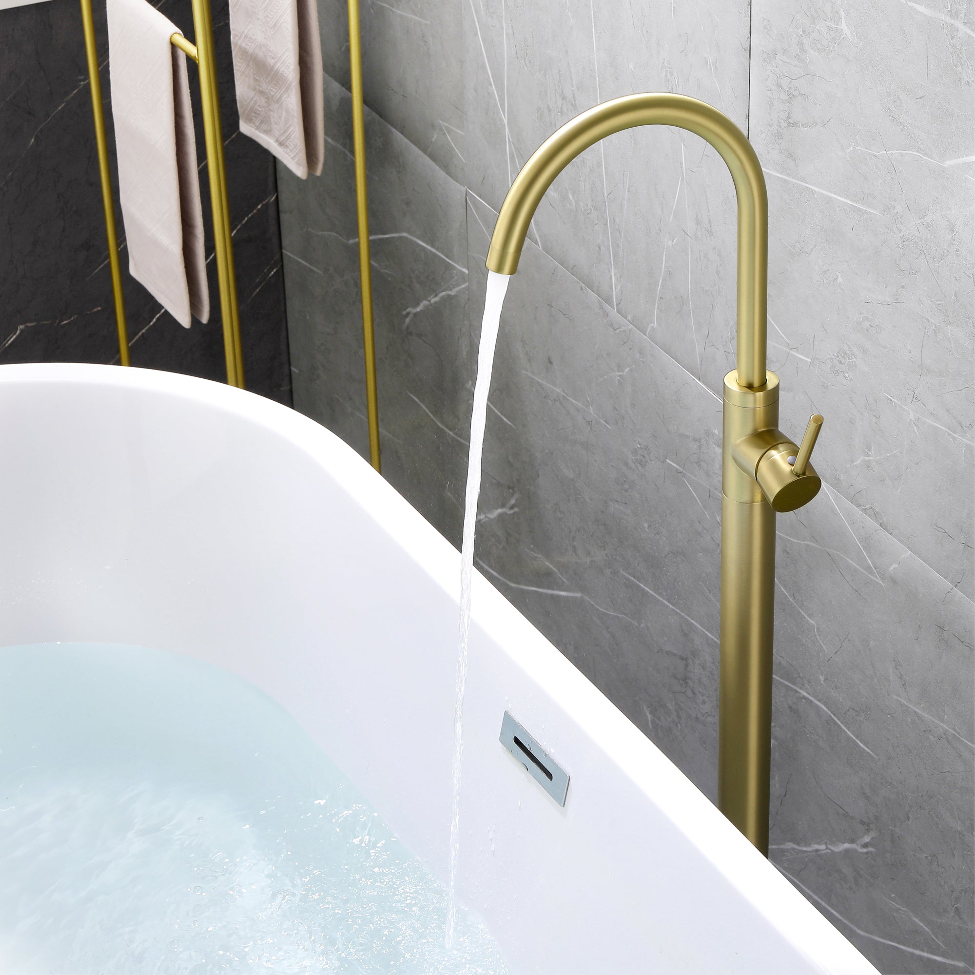 Single Handle Dual Control Floor Mounted Freestanding Bathtub Faucet