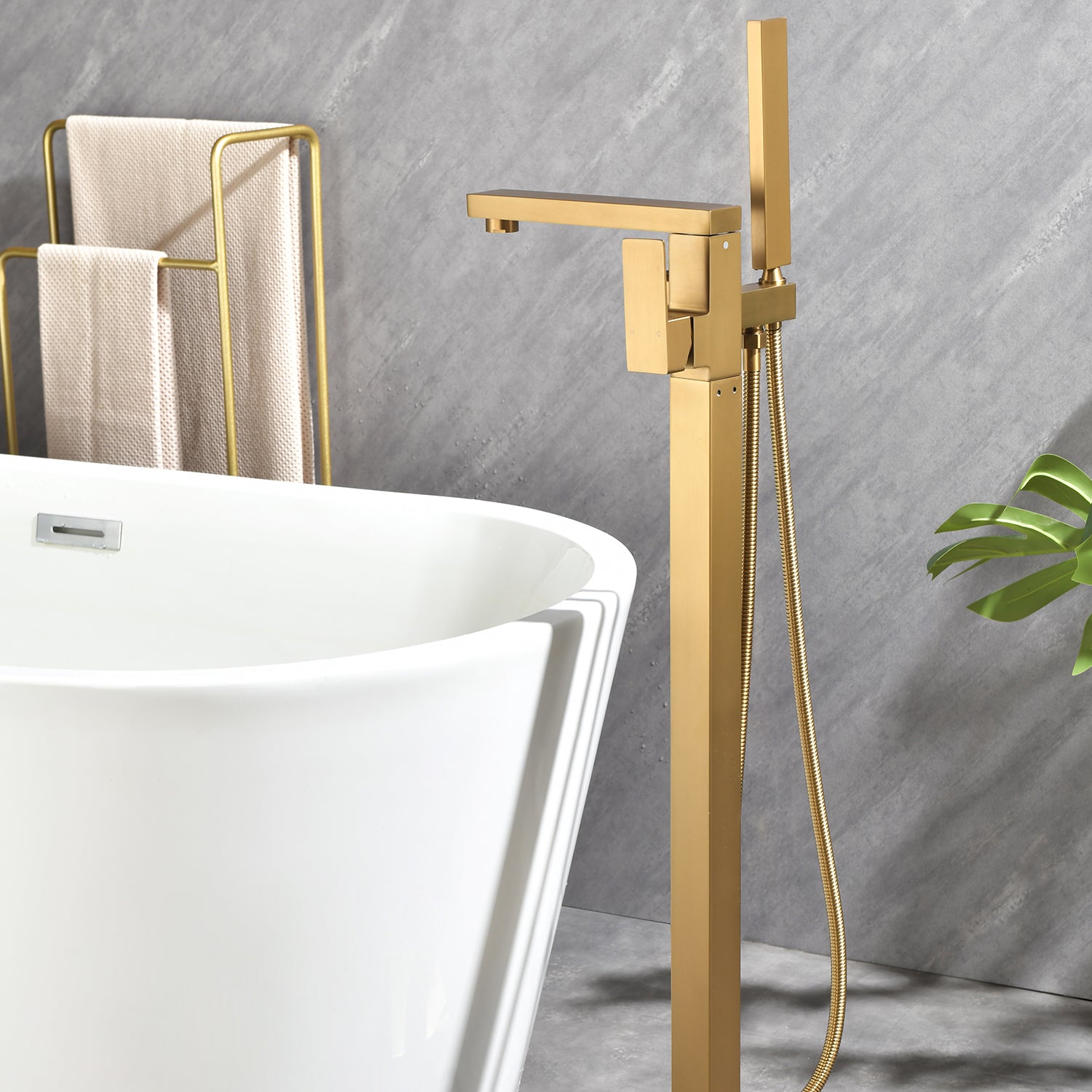 Single-Handle Freestanding Bath Tub Filler Faucet Handheld Shower in Gold