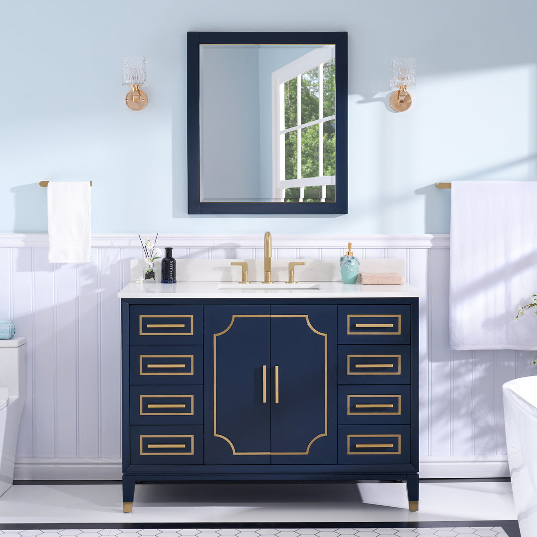 48 in. Freestanding Bathroom Vanity in Navy Blue with Carrara White Quartz Vanity Top