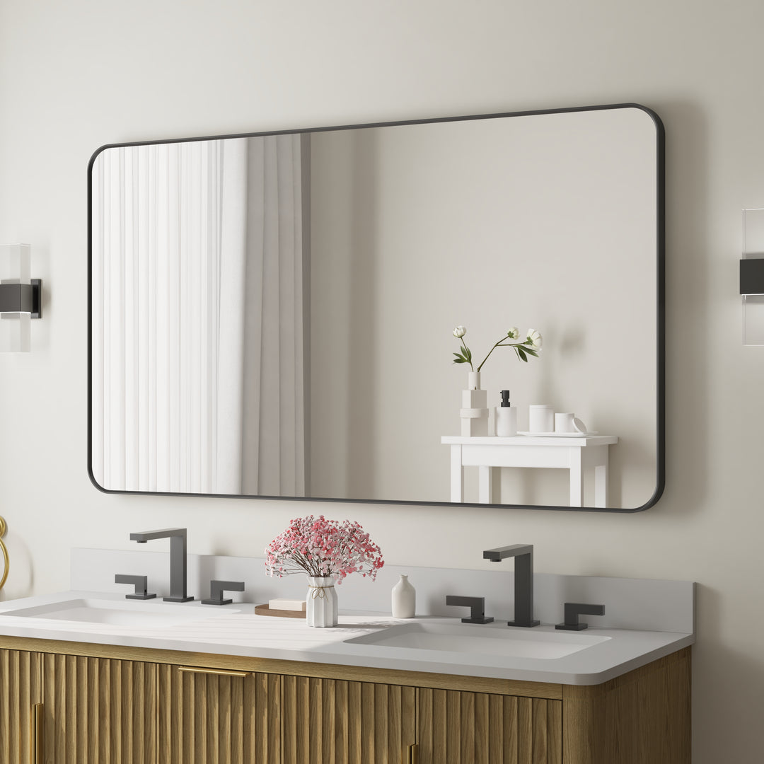 55-in W x 32-in H Black Rectangular Framed Bathroom Vanity Mirror