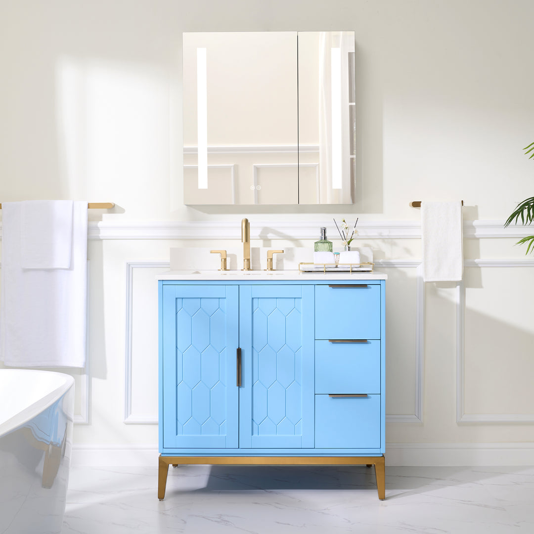 36 in. Bathroom Vanity in Light Blue with Carrara White Quartz Vanity Top with White Sink