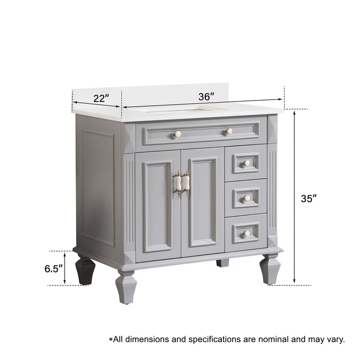 36 in. Titanium Grey Freestanding Solid Wood Bathroom Vanity Storage Organizer with Carrara White Quartz Countertop