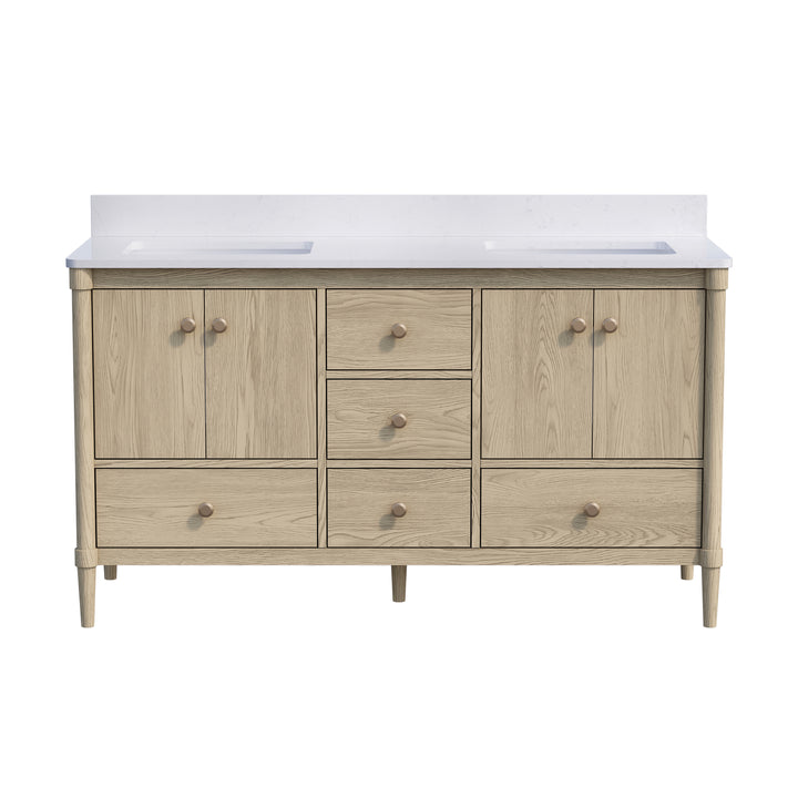 60-Inch Freestanding Oak Bathroom Vanity with White Quartz Top Sinks