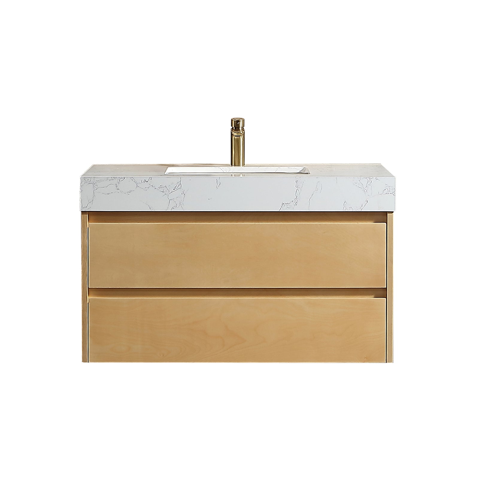 36" Modern Floating Maple Wood Bathroom Vanity Cabinet with LED Light and Stone Slab Countertop