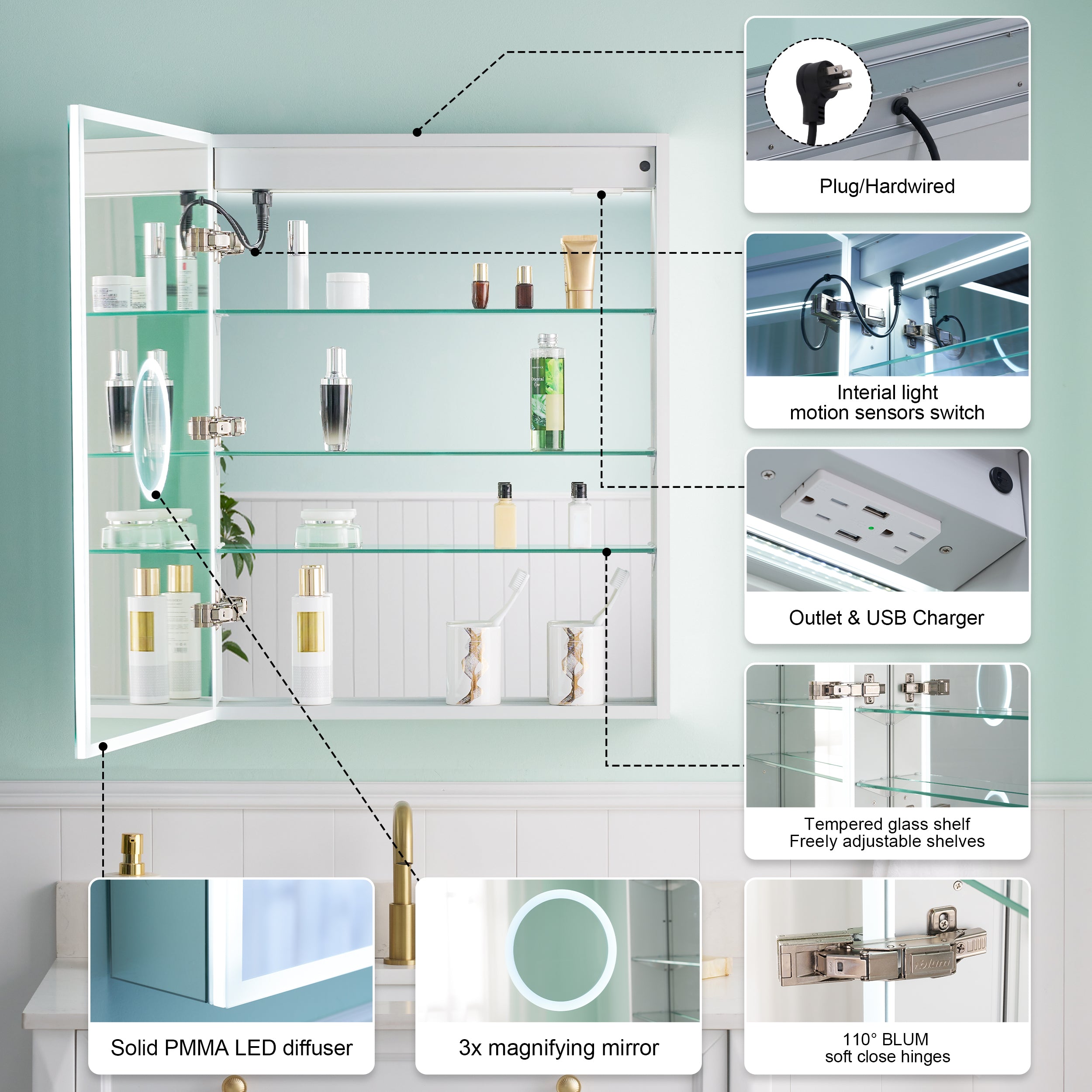 24 in. x 30 in. Rectangular Recessed/Surface Mount Left/Right  LED Medicine Cabinet with Mirror, 2 PCS