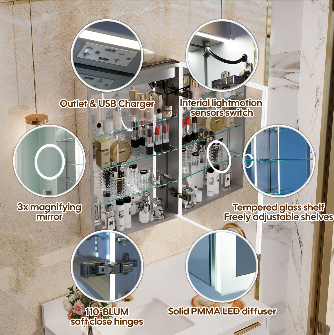 20 in. x 30 in. Rectangular Recessed/Surface Mount Left Medicine Cabinet with Mirror and LED Light