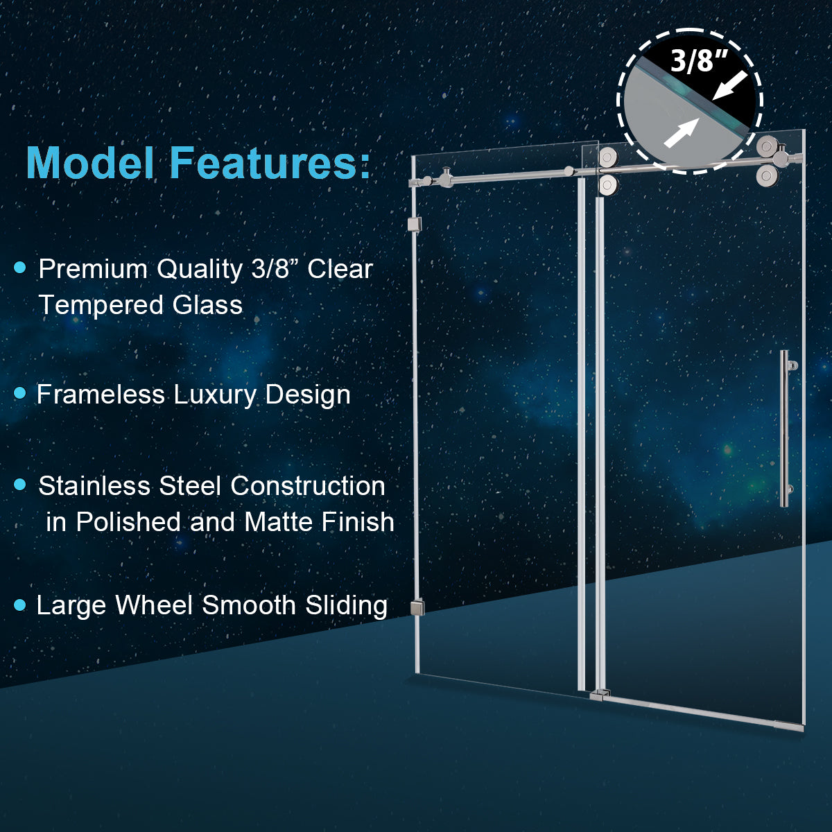 60-in W x 76-in H Double Frameless Bypass/Sliding Black Standard Sliding Shower Door (Tempered Glass)