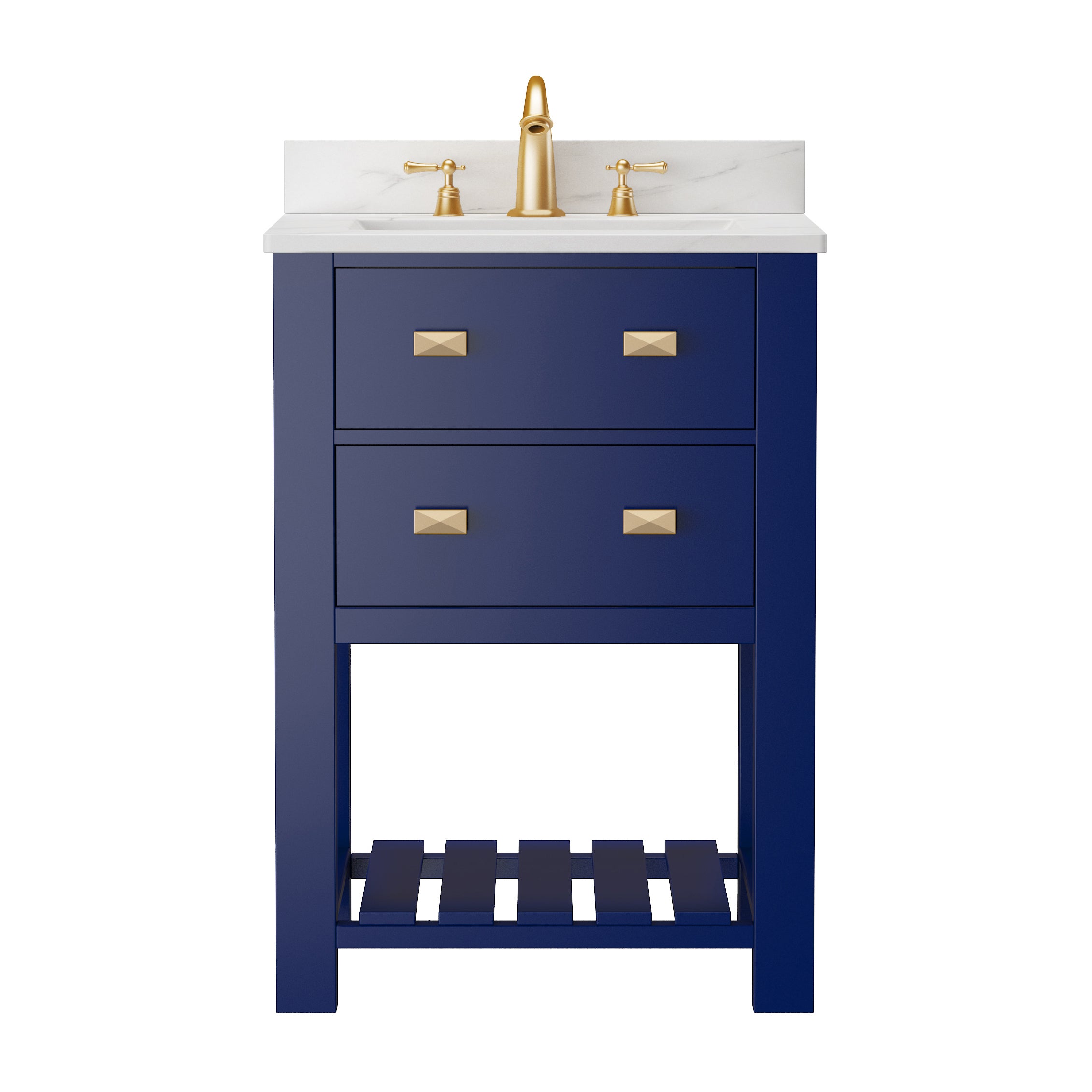 24" Undermount Single Sink Freestanding Bathroom Vanity with White Top in Navy Blue