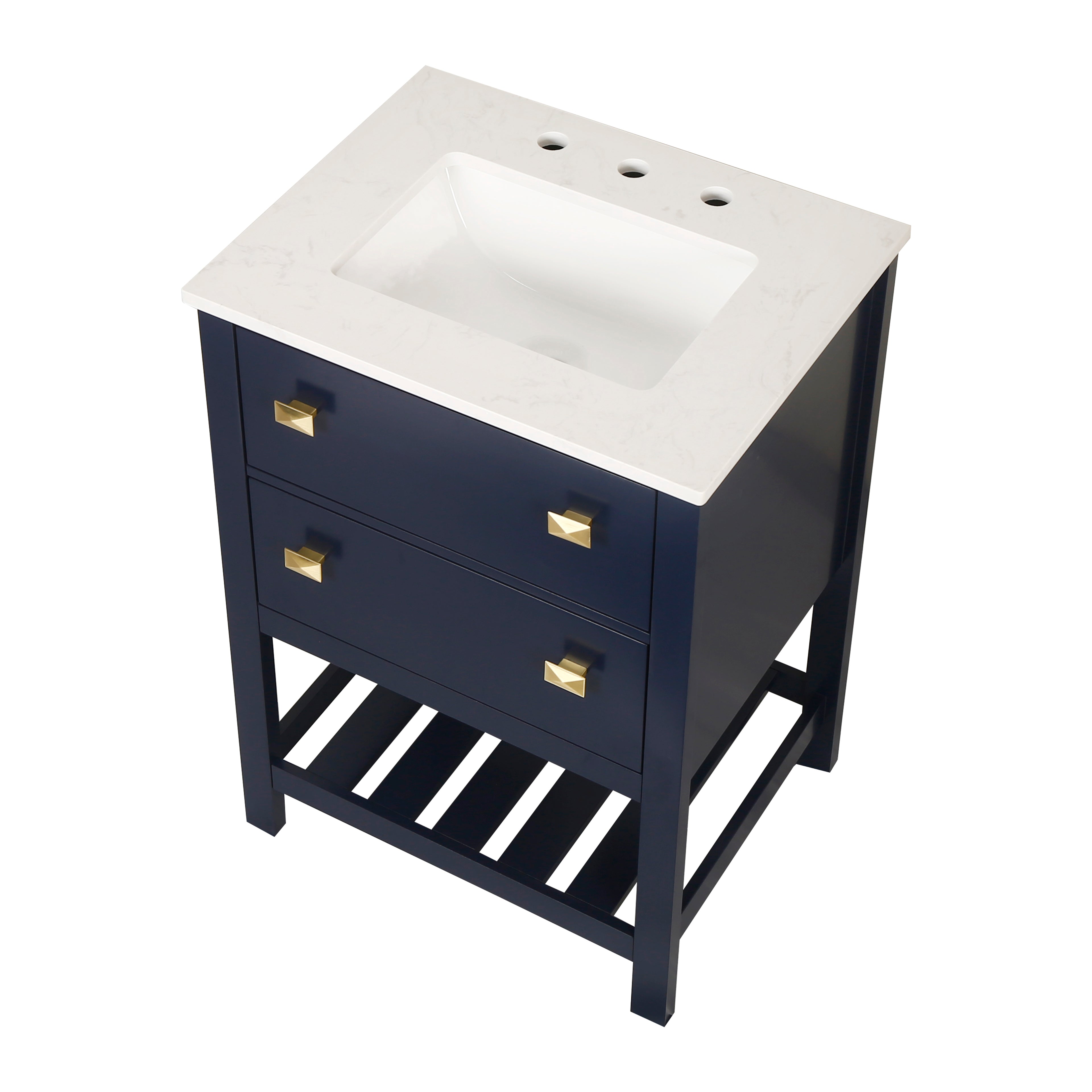 24" Undermount Single Sink Freestanding Bathroom Vanity with White Top in Navy Blue