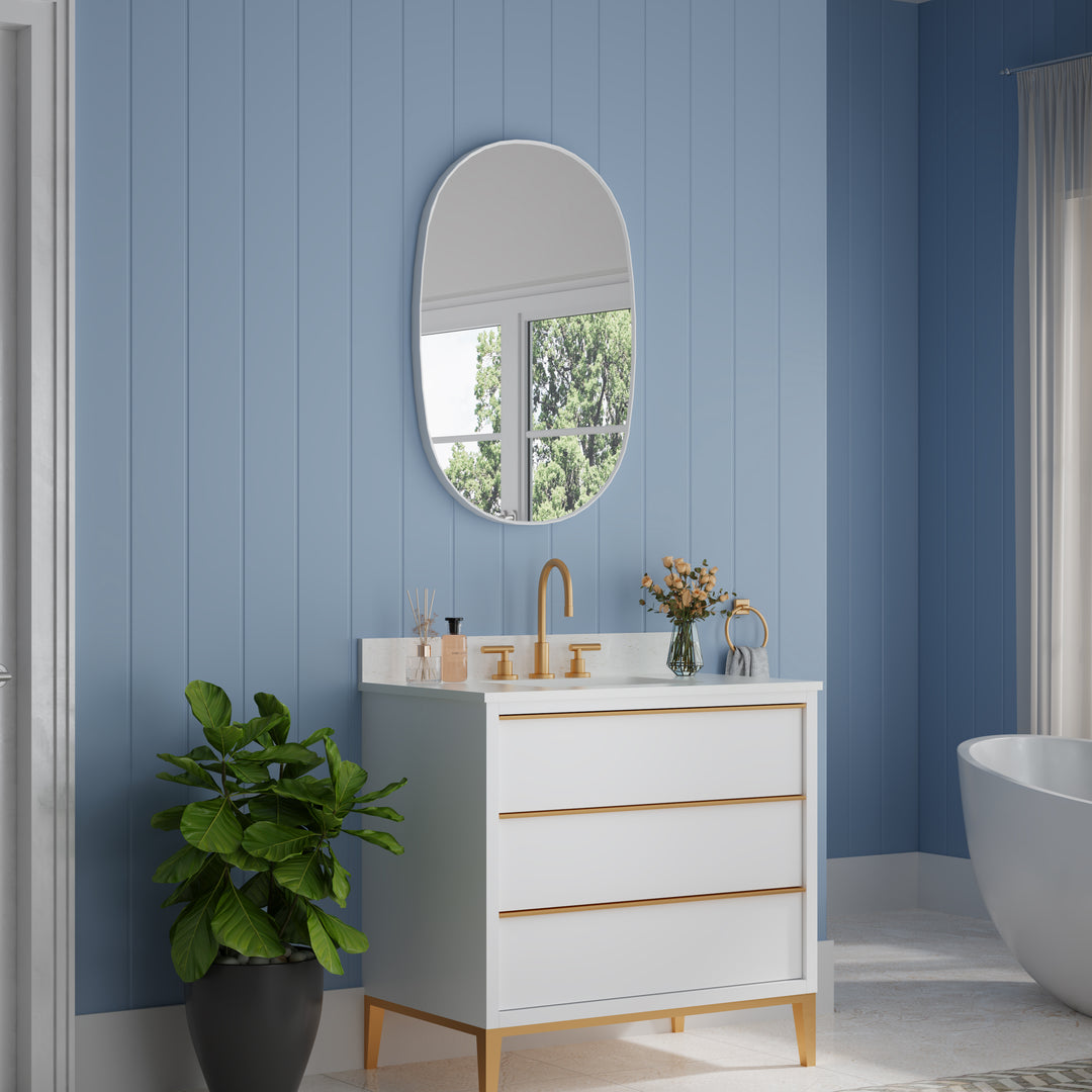 24 in. W. x 36 in. H Oval Framed Wall Bathroom Vanity Mirror in White