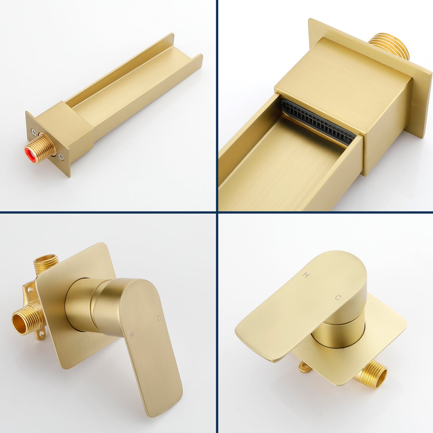 Wall Mount Bathroom Faucet for Sink Waterfall Bathroom Sink Faucet with Rough-in Valve Trim Kit Brushed Gold Tub Filler Faucets