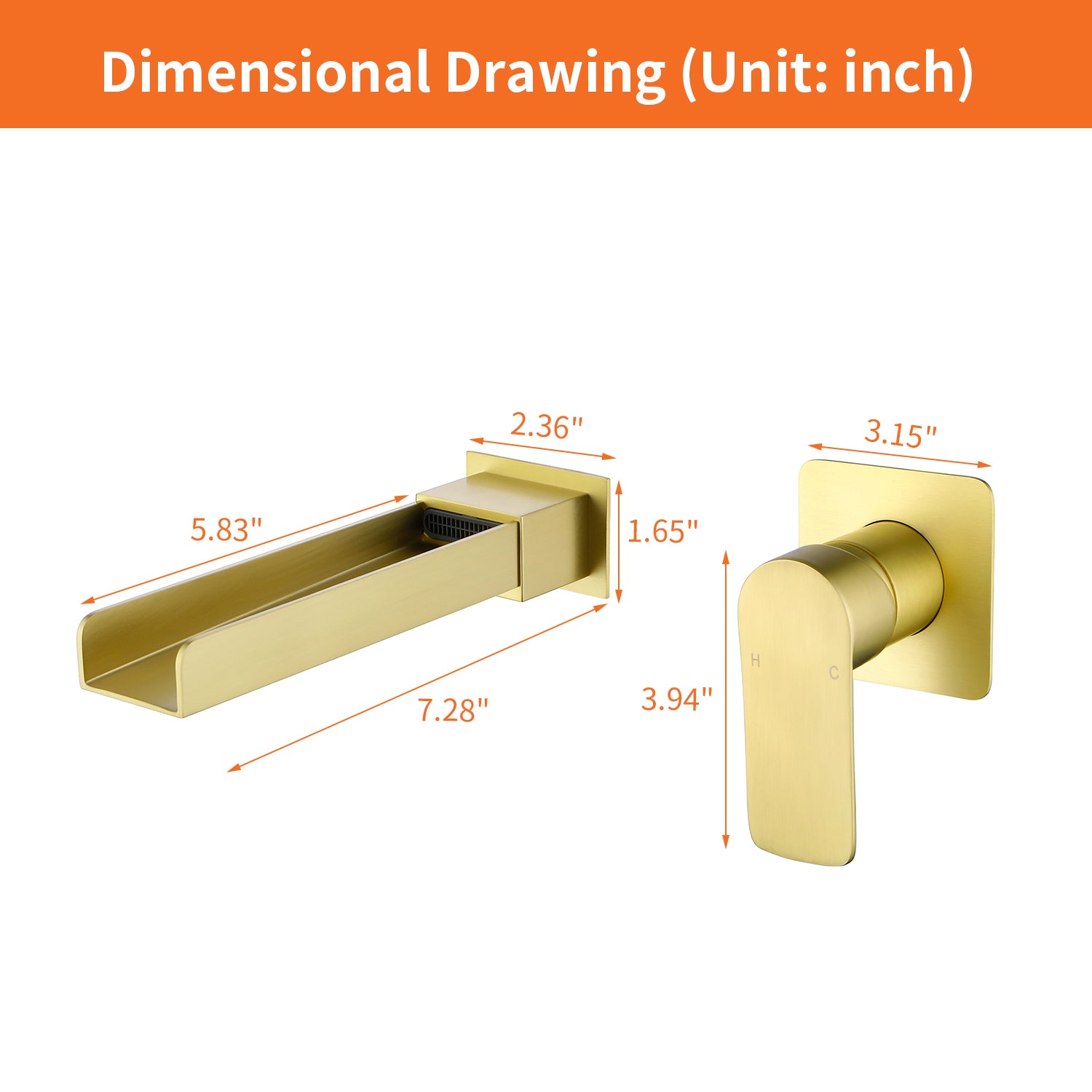 Wall Mount Bathroom Faucet for Sink Waterfall Bathroom Sink Faucet with Rough-in Valve Trim Kit Brushed Gold Tub Filler Faucets