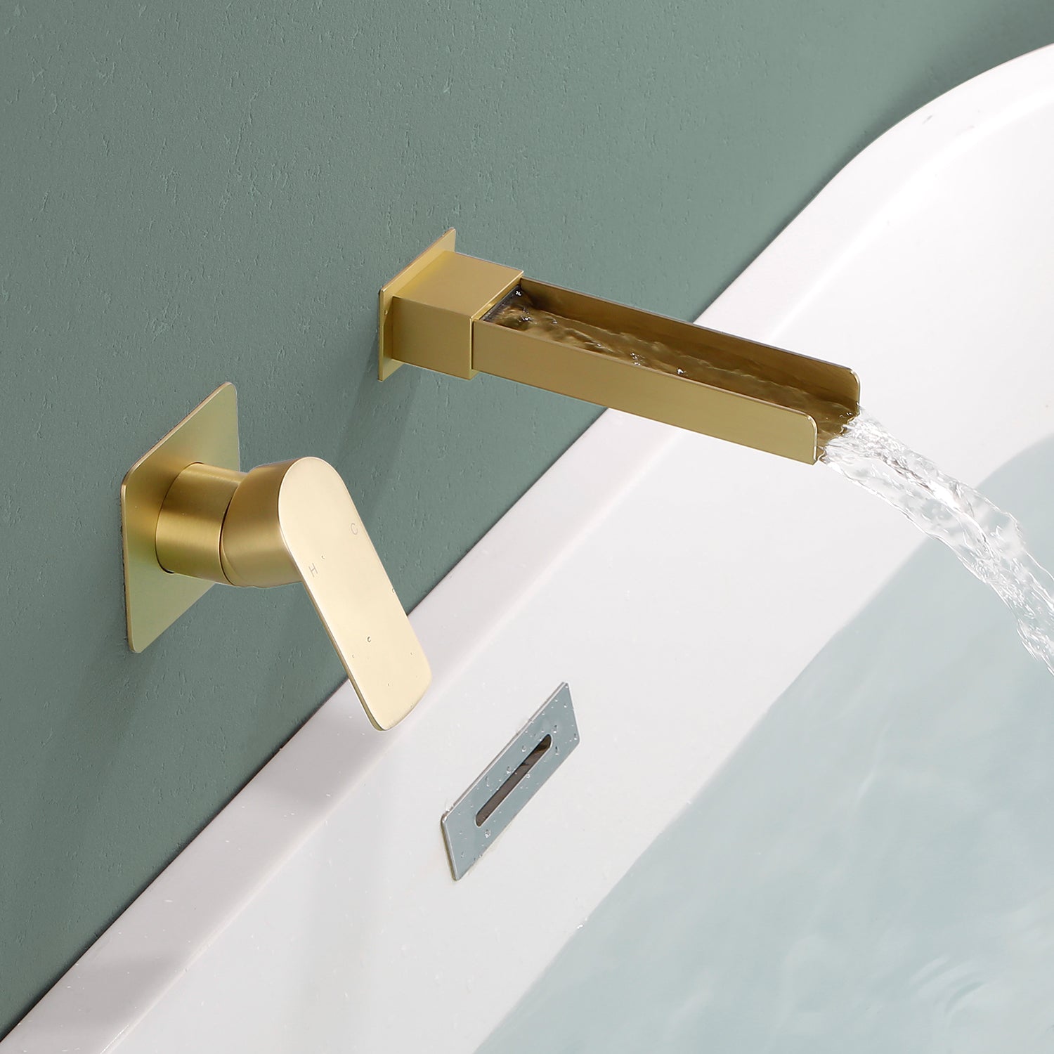 Wall Mount Bathroom Faucet for Sink Waterfall Bathroom Sink Faucet with Rough-in Valve Trim Kit Brushed Gold Tub Filler Faucets