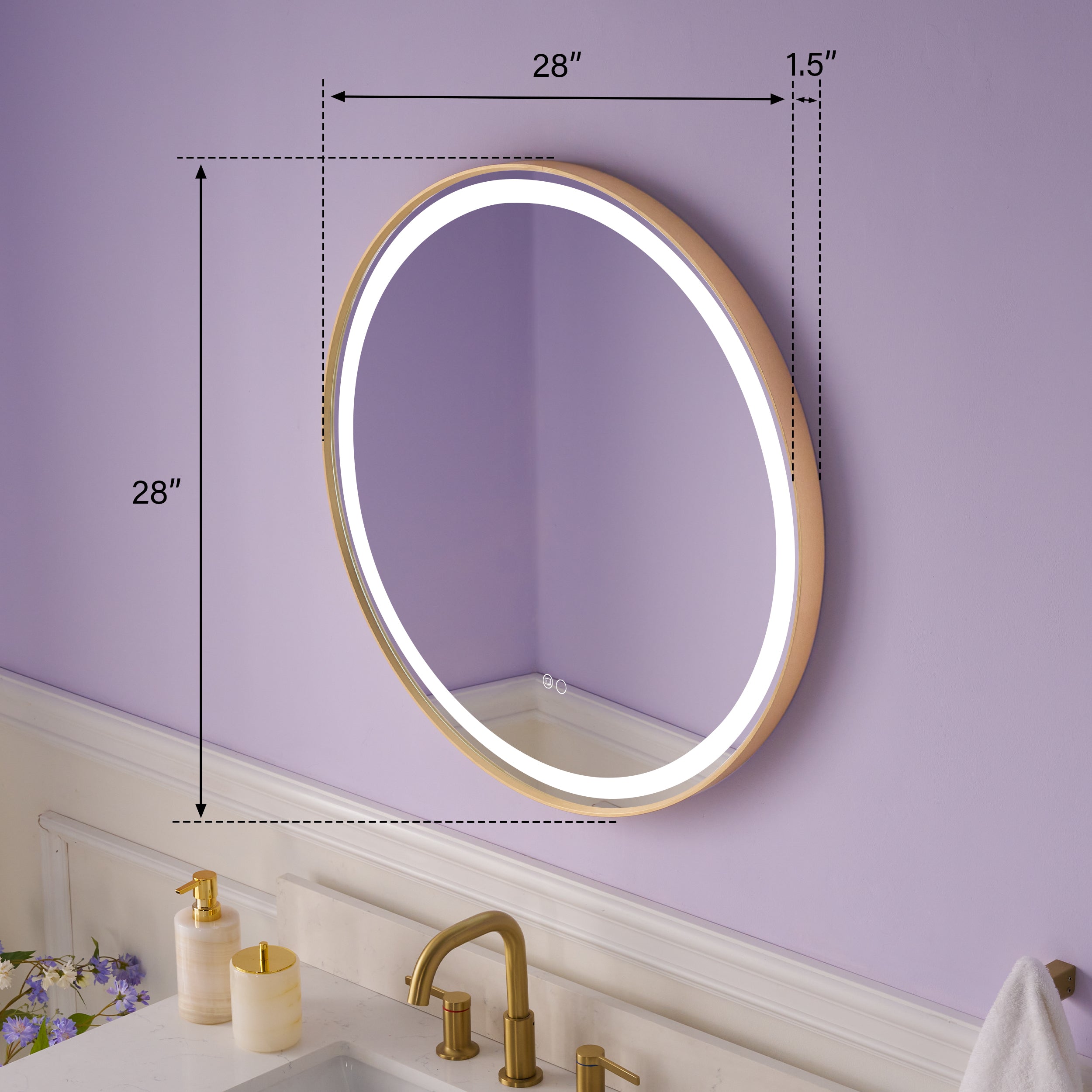 28 in.  W x 28 in.  H Brushed Gold Framed Round LED Light Bathroom Vanity Mirror