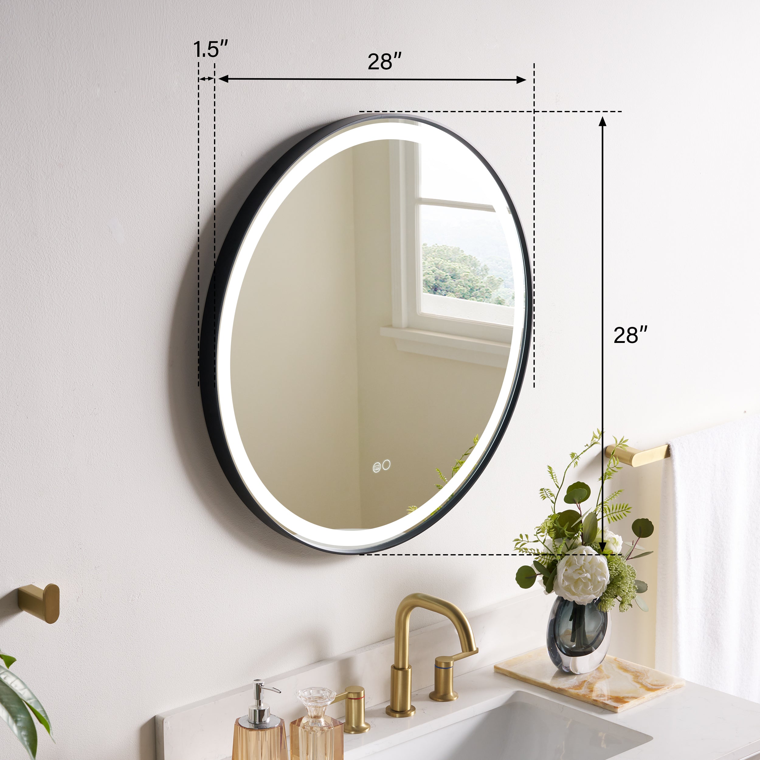 28 in. W x 28 in. H Matte Black Framed Round LED Light Bathroom Vanity Mirror