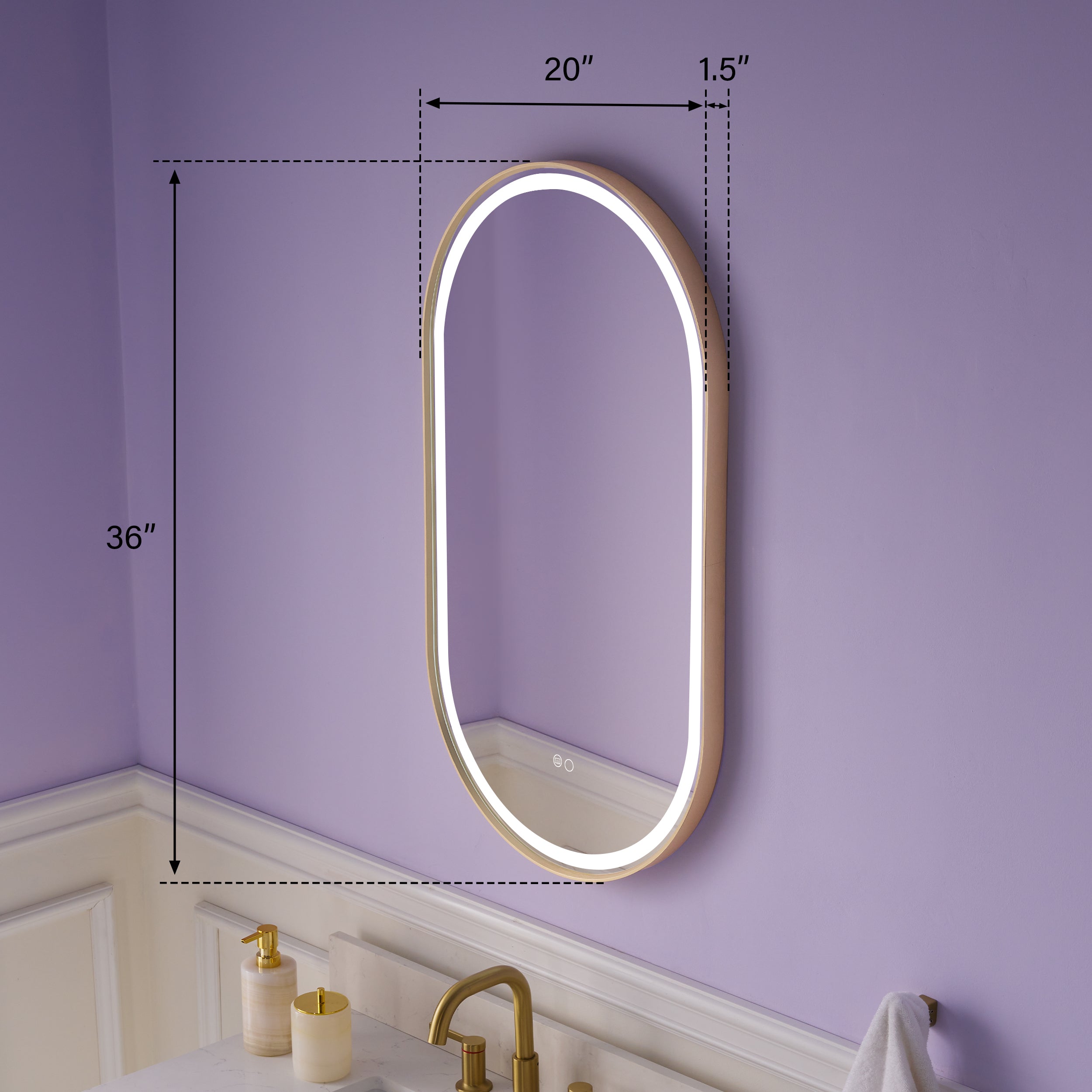 20 in. W x 36 in. H Brushed Gold Frame Runway Type LED Bathroom Vanity Mirror