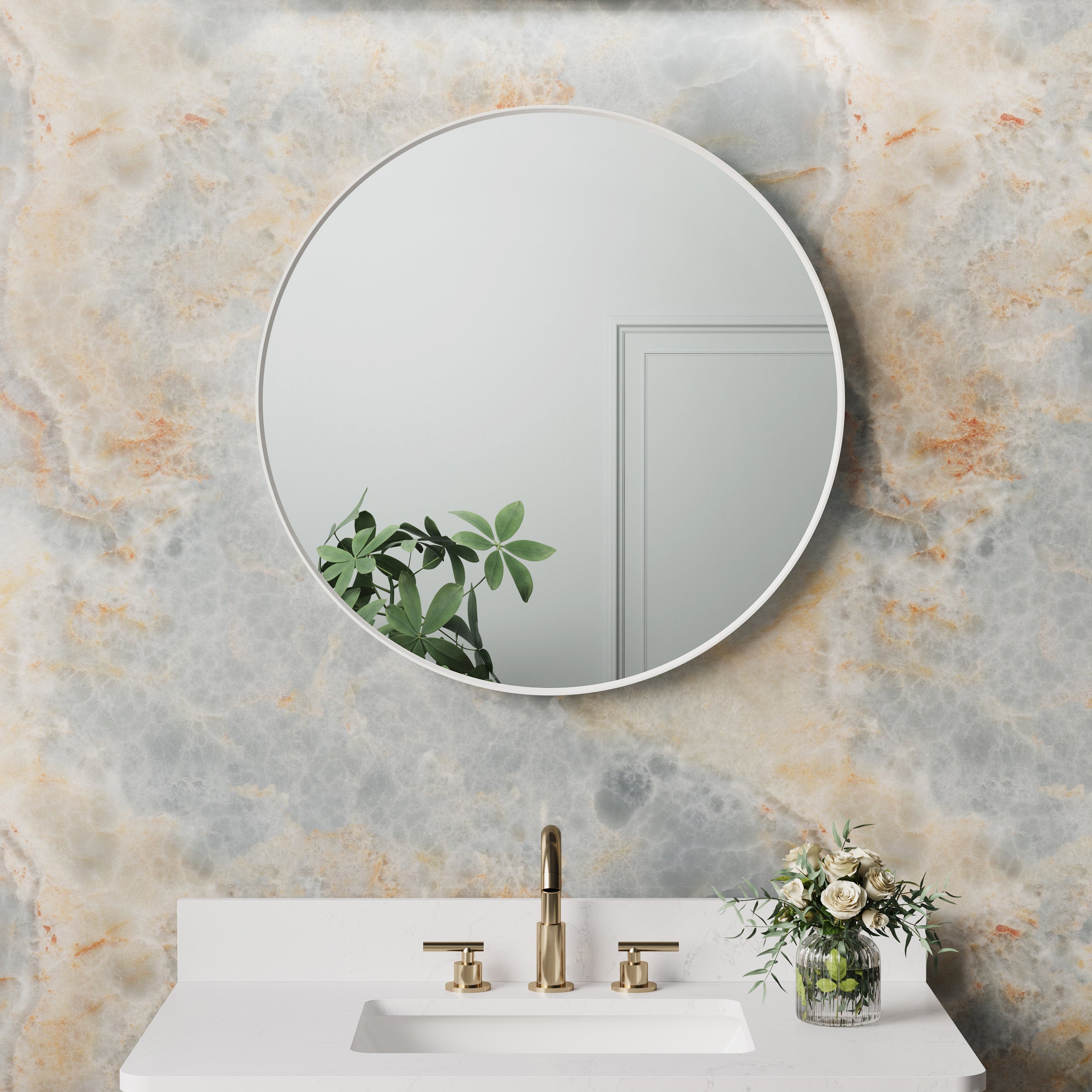 28 in. W x 28 in. H White Modern Bathroom Mirror Round Framed Aluminum Wall Mirror