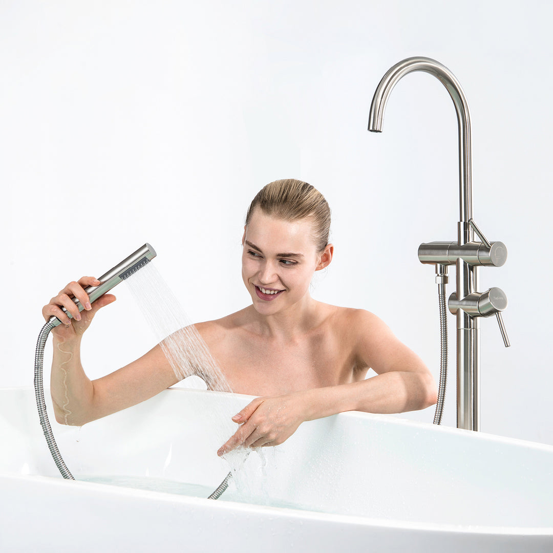 Free Standing Bath Tub Faucets Single-Handle Floor Mount Bathroom Tub Faucets with Handheld Shower in Brushed Nickel