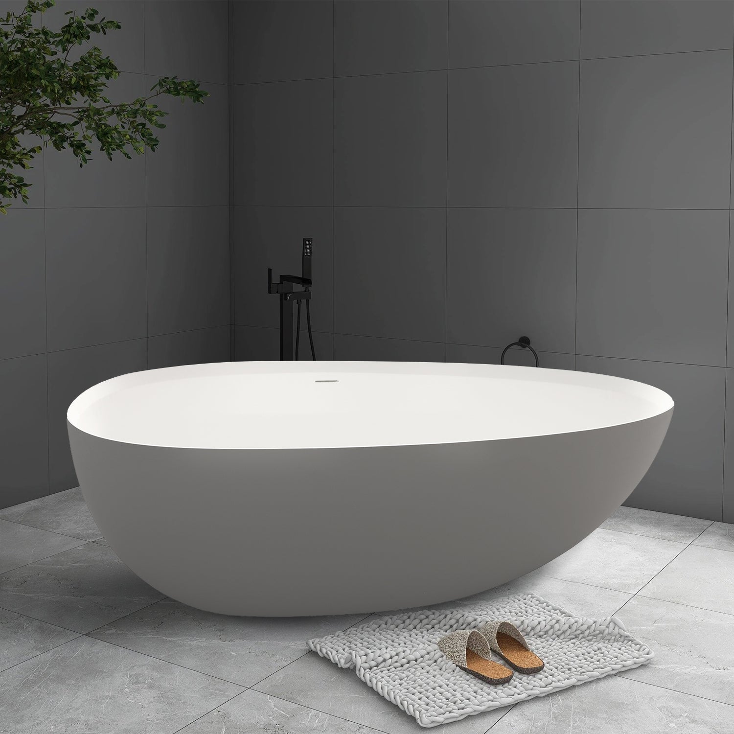 71" Stone Resin Solid Surface Matte Flatbottom Freestanding Bathtub Inside White Outside Dark Grey