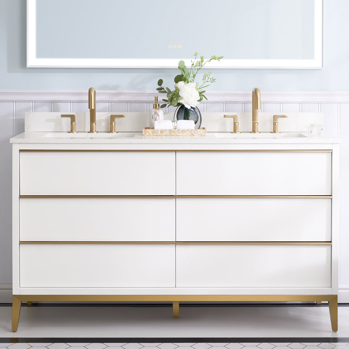 60 in. Bathroom Vanity in White with Carrara White Quartz Vanity Top