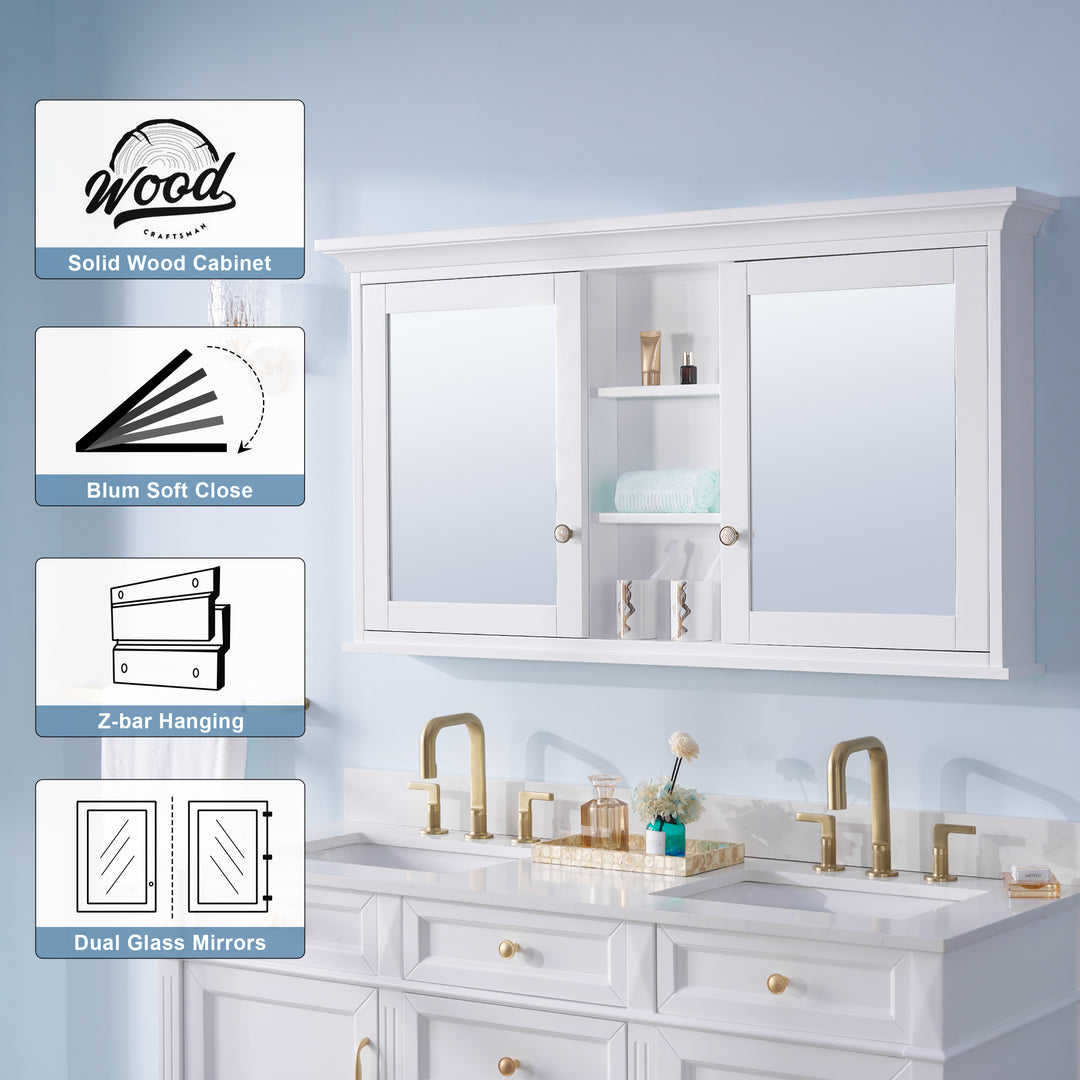 55 in.W x 30 in.H Surface-Mount Bathroom Medicine Cabinet with Mirror in White