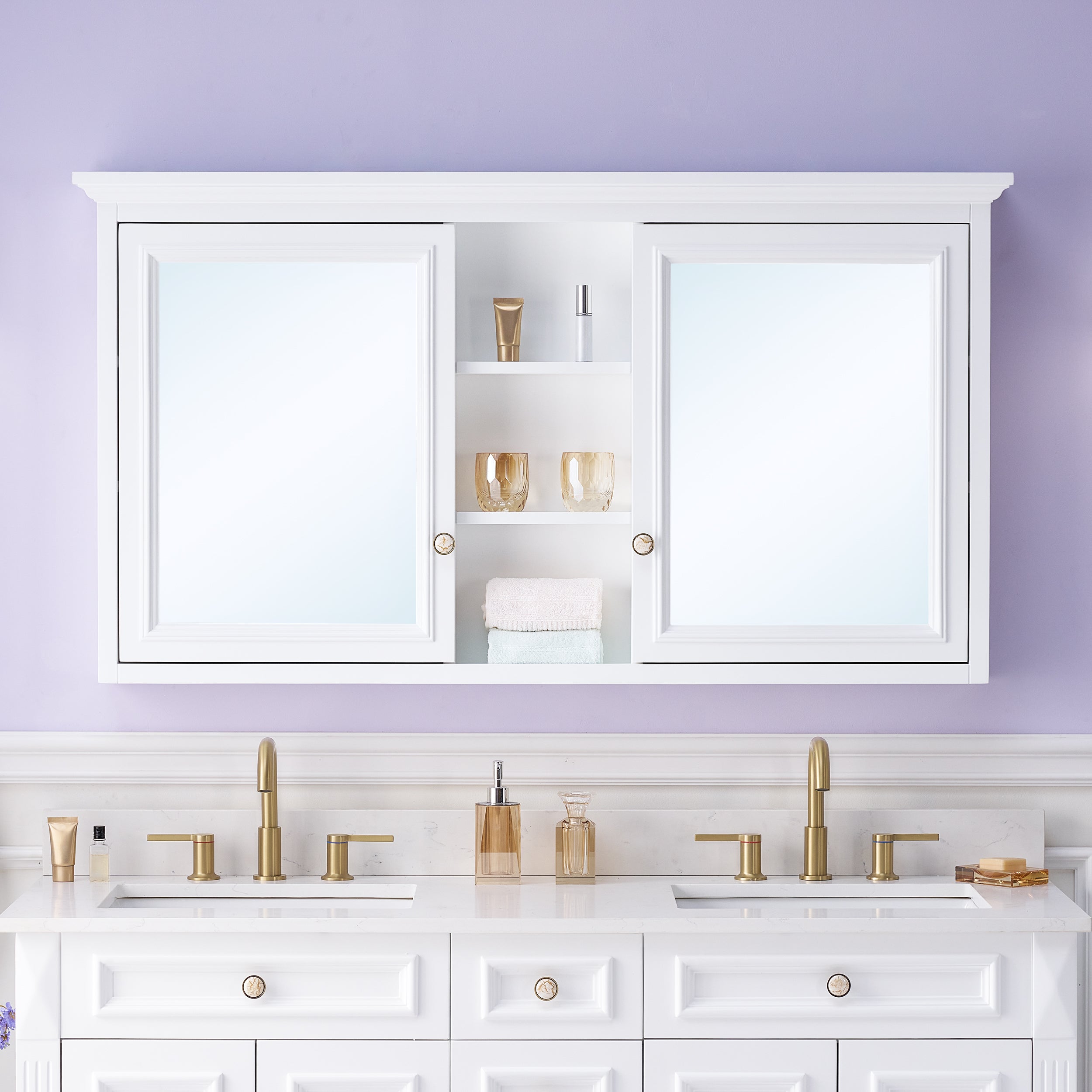 55 in. W x 30 in. H Rectangular White Solid Wood Surface-Mount Medicine Cabinet with Mirror