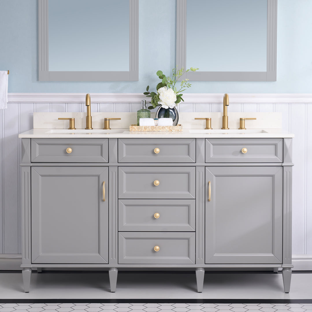 60 in. Bathroom Vanity in Grey with Quartz Vanity Top in Carrara with Single White Basin