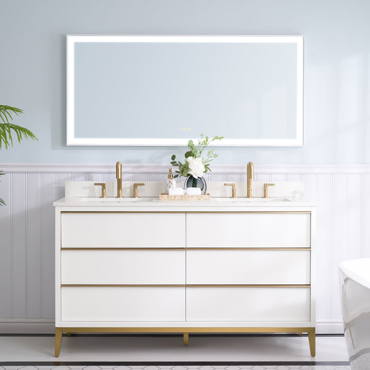 60 in. Bathroom Vanity in White with Carrara White Quartz Vanity Top