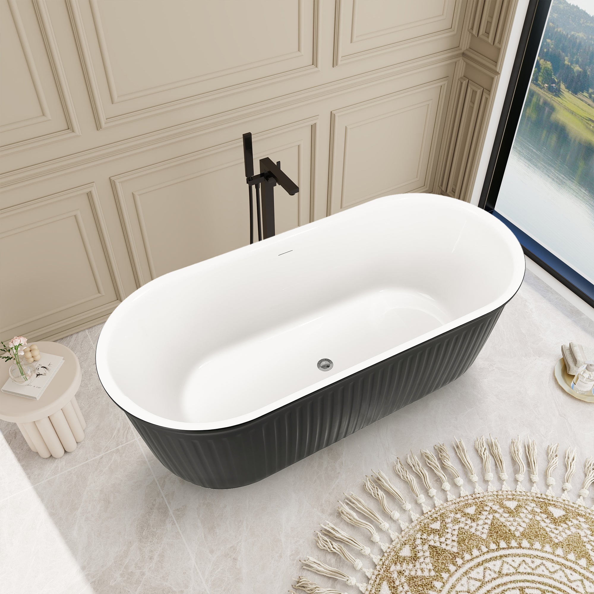 67'' Oval Acrylic Fluted Bathtub Double Ended Freestanding Soaking Tub