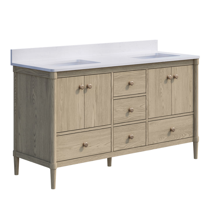 60-Inch Freestanding Oak Bathroom Vanity with White Quartz Top Sinks