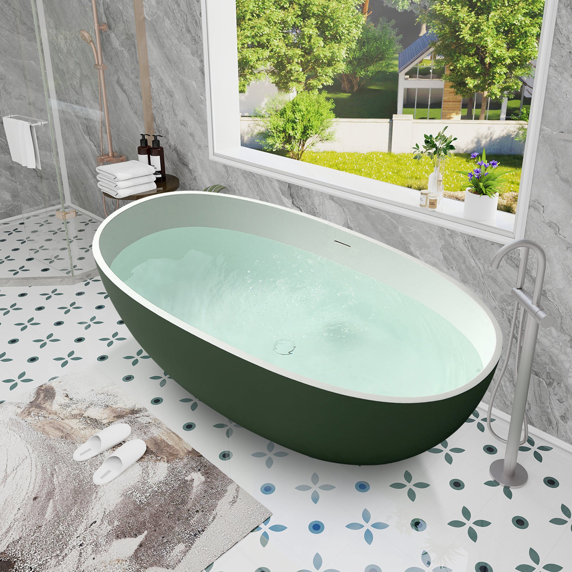 65" Stone Resin Solid Surface Flatbottom Free-Standing Bathtub Inside White Outside  Green