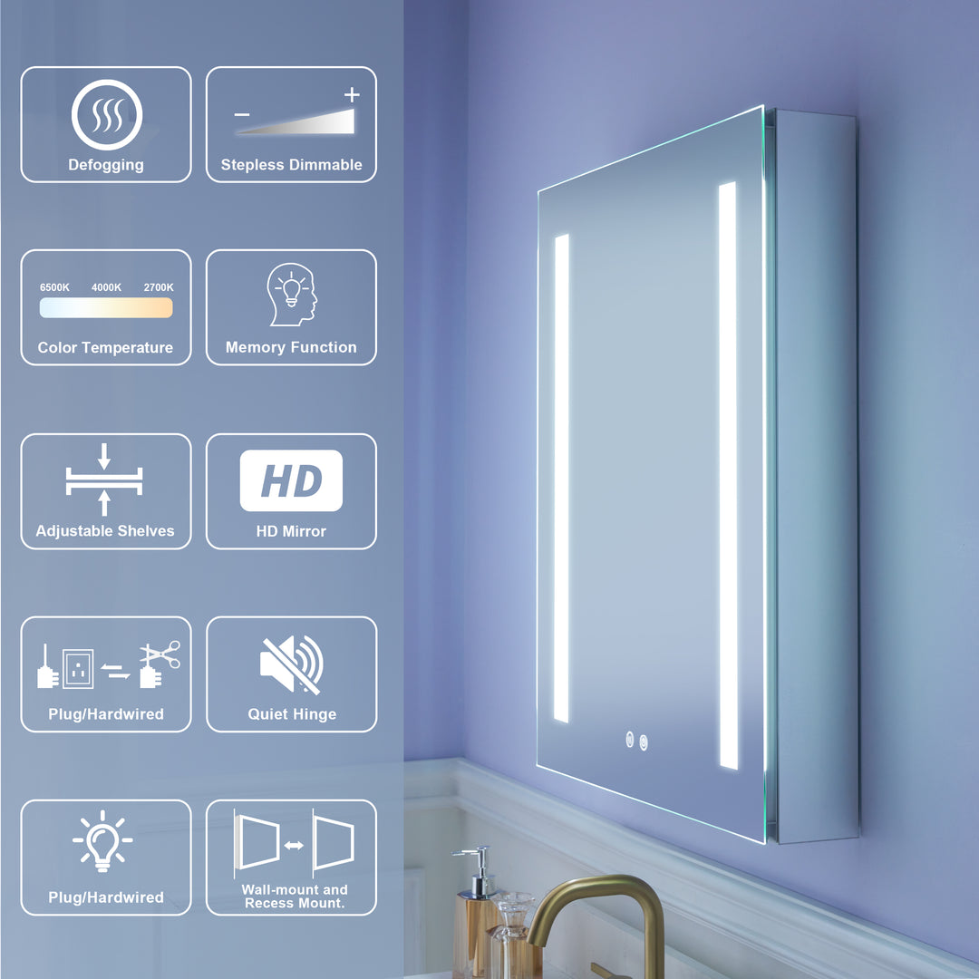 24 in. x 30 in. LED Lighted Surface/Recessed Mount Mirror Medicine Cabinet with Outlet left Side