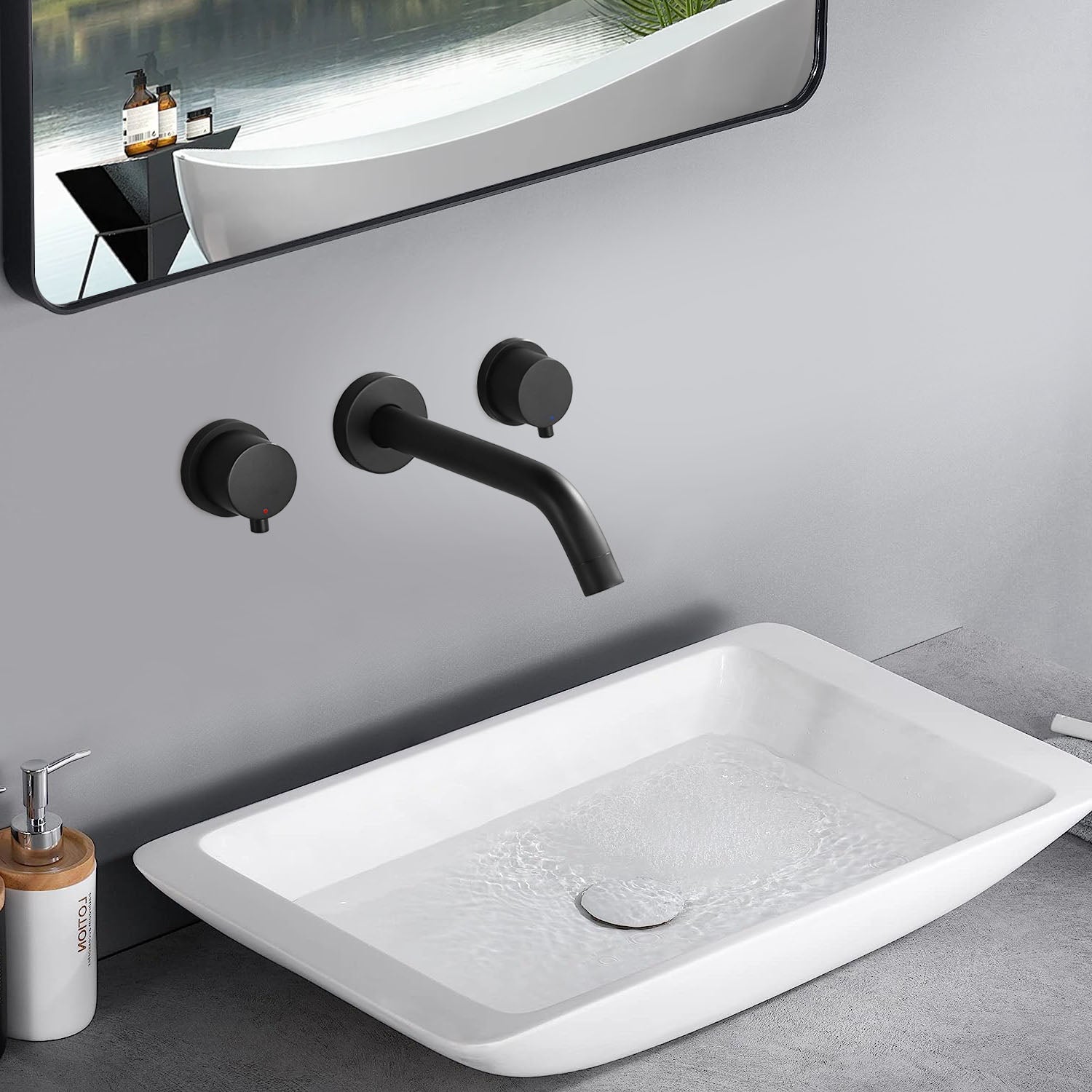 2-Handle Wall Mount Bathroom Faucet with Level Handles in Matte Black