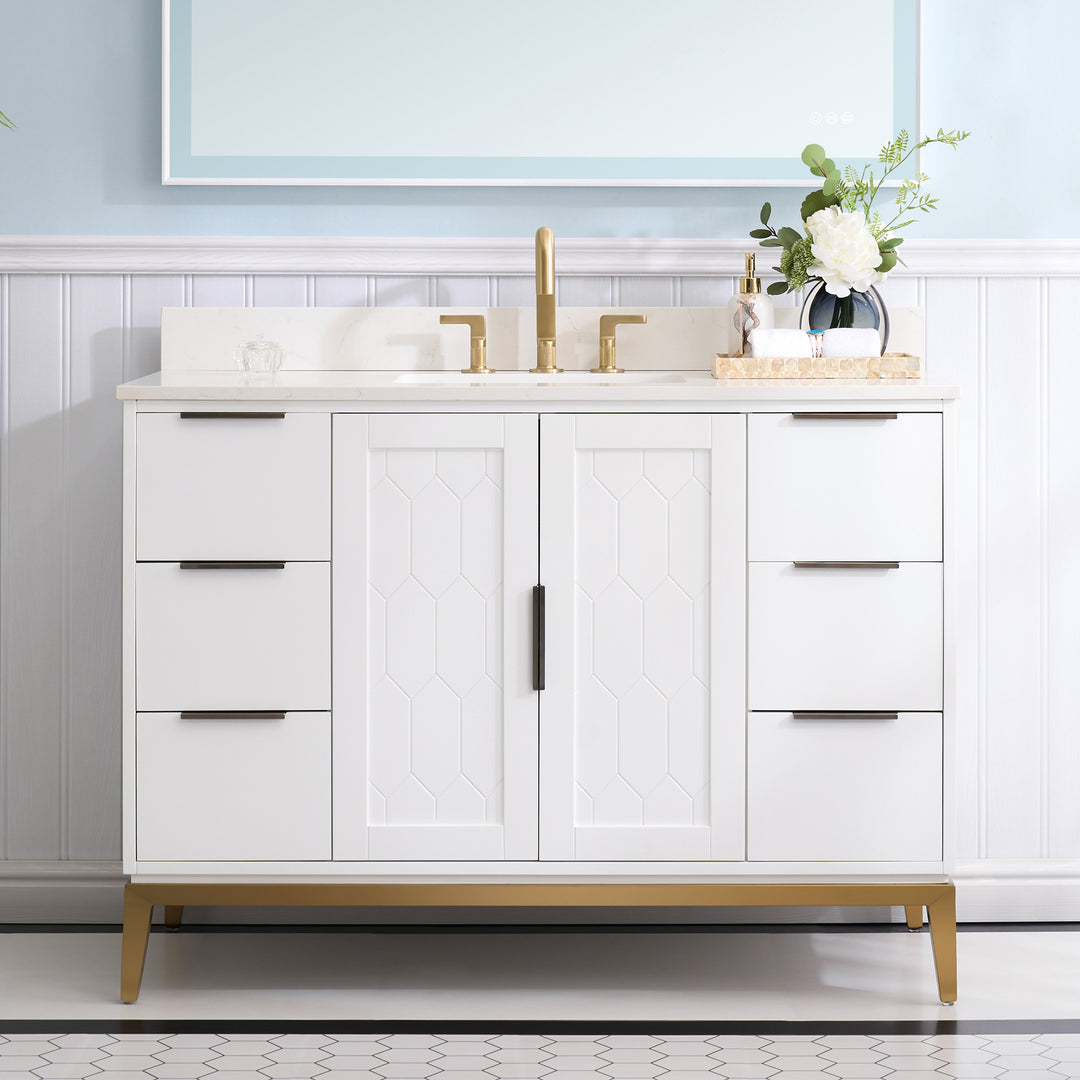 48 in. Bathroom Vanity in White with Carrara White Quartz Vanity Top with White Sink