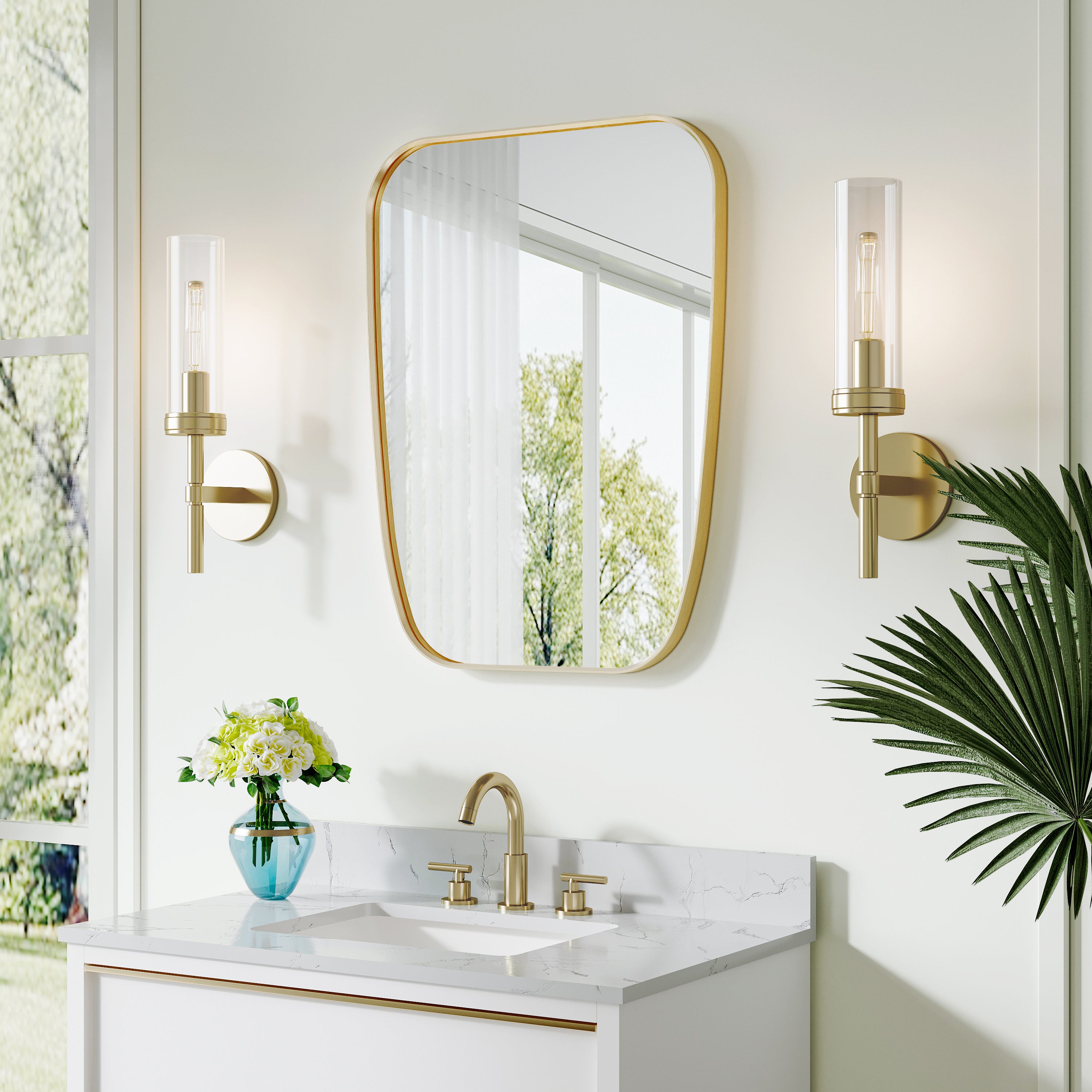 24 in. W x 32 in. H Shield Bathroom Vanity Wall Mirror without Lights Brushed Gold