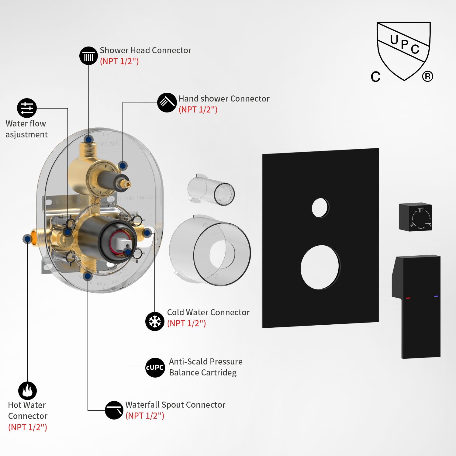 Male NPT Matte Black Shower System with 12 Inch Rain Shower Head