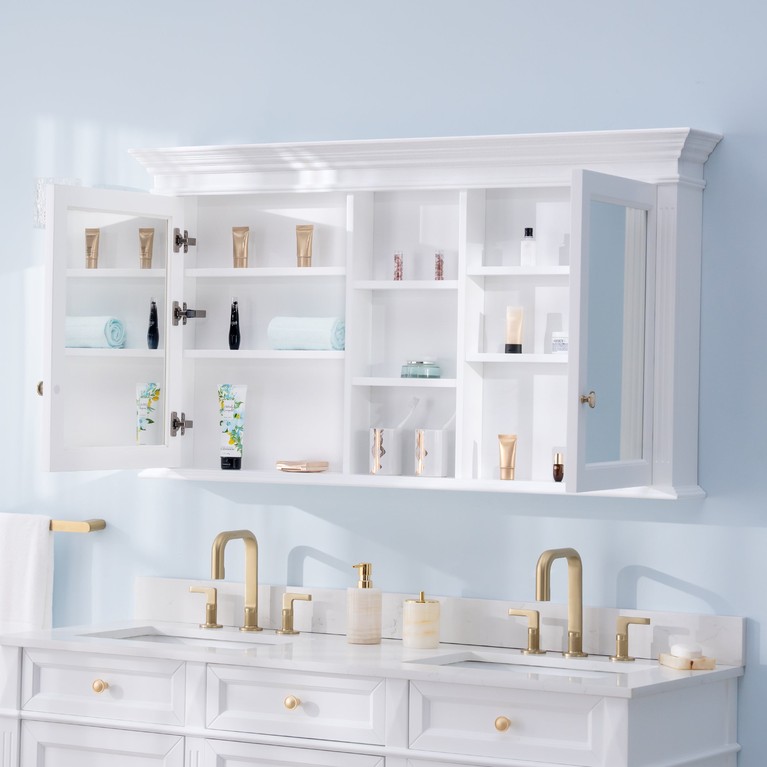 55 in. W x 30 in. H Rectangular Solid Wood Surface-Mount Medicine Cabinet with Mirror in White