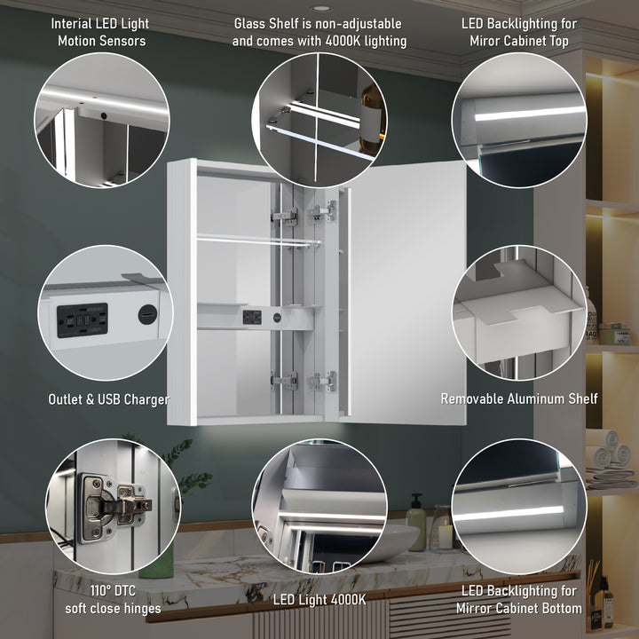 20 in. x 30 in.  Lighted LED Fog Free Surface Mount Silver Mirrored Soft Close Right Medicine Cabinet