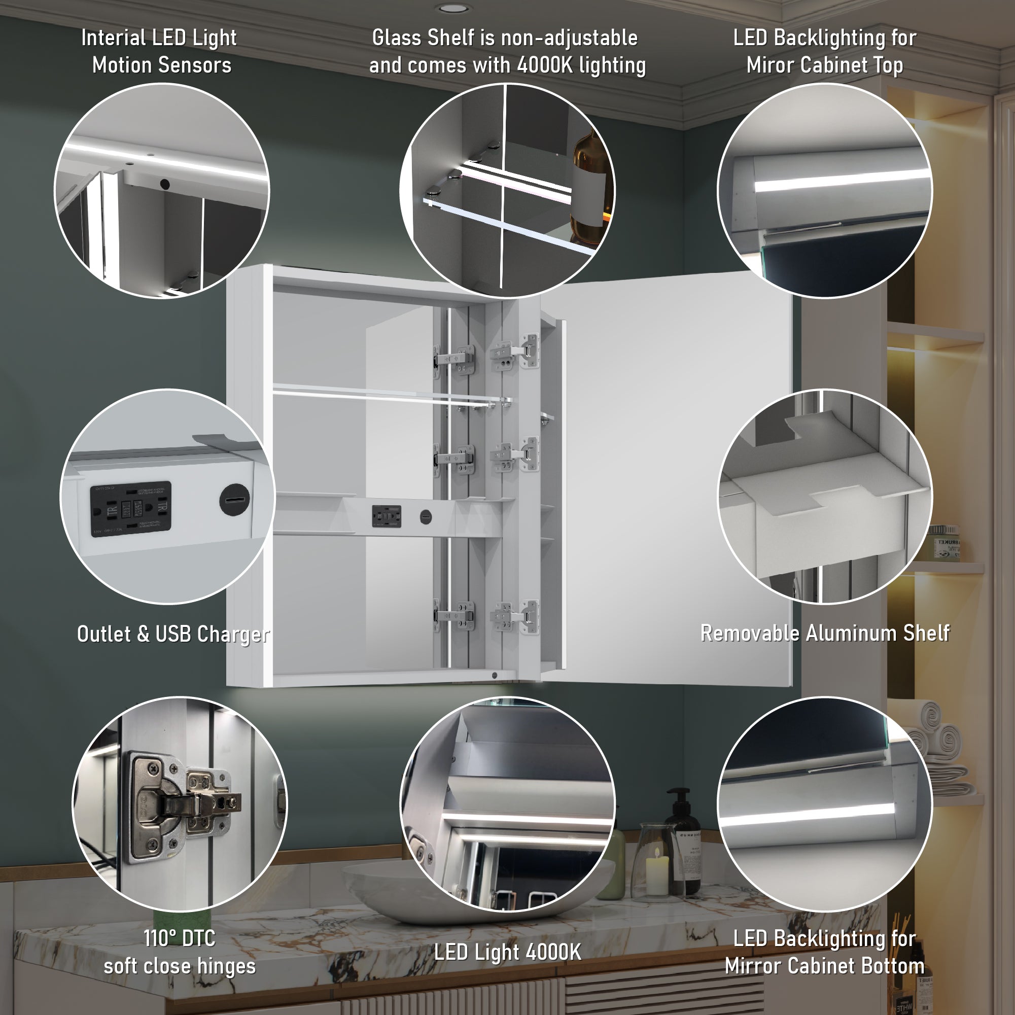 24 in. x 30 in.  Lighted LED Fog Free Surface Mount Silver Mirrored Soft Close Right Medicine Cabinet