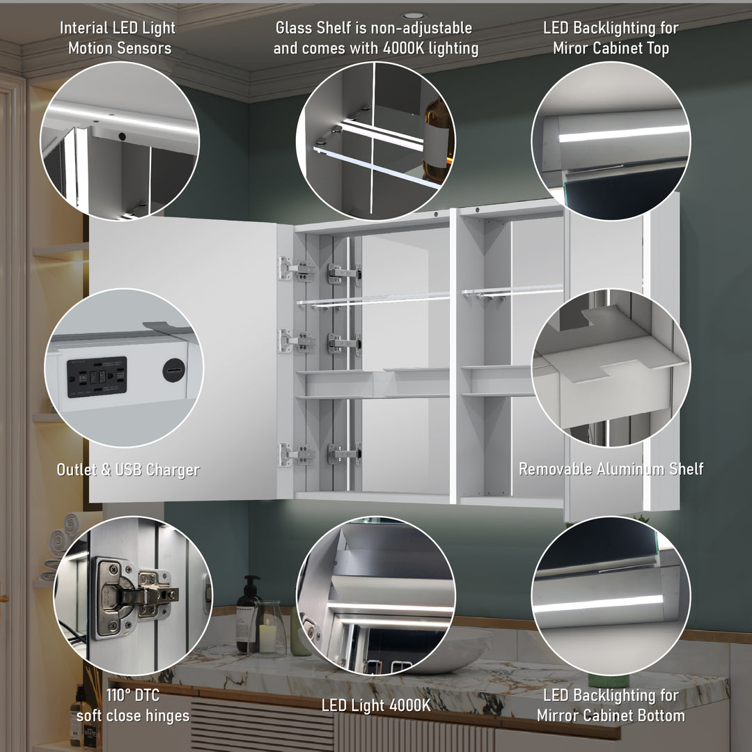 48 in. x 30 in.  Lighted LED Fog Free Surface Mount Silver Mirrored Soft Close Medicine Cabinet