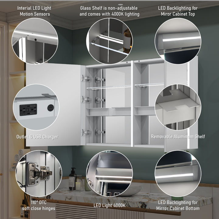 48 in. x 30 in.  Lighted LED Fog Free Surface Mount Silver Mirrored Soft Close Medicine Cabinet