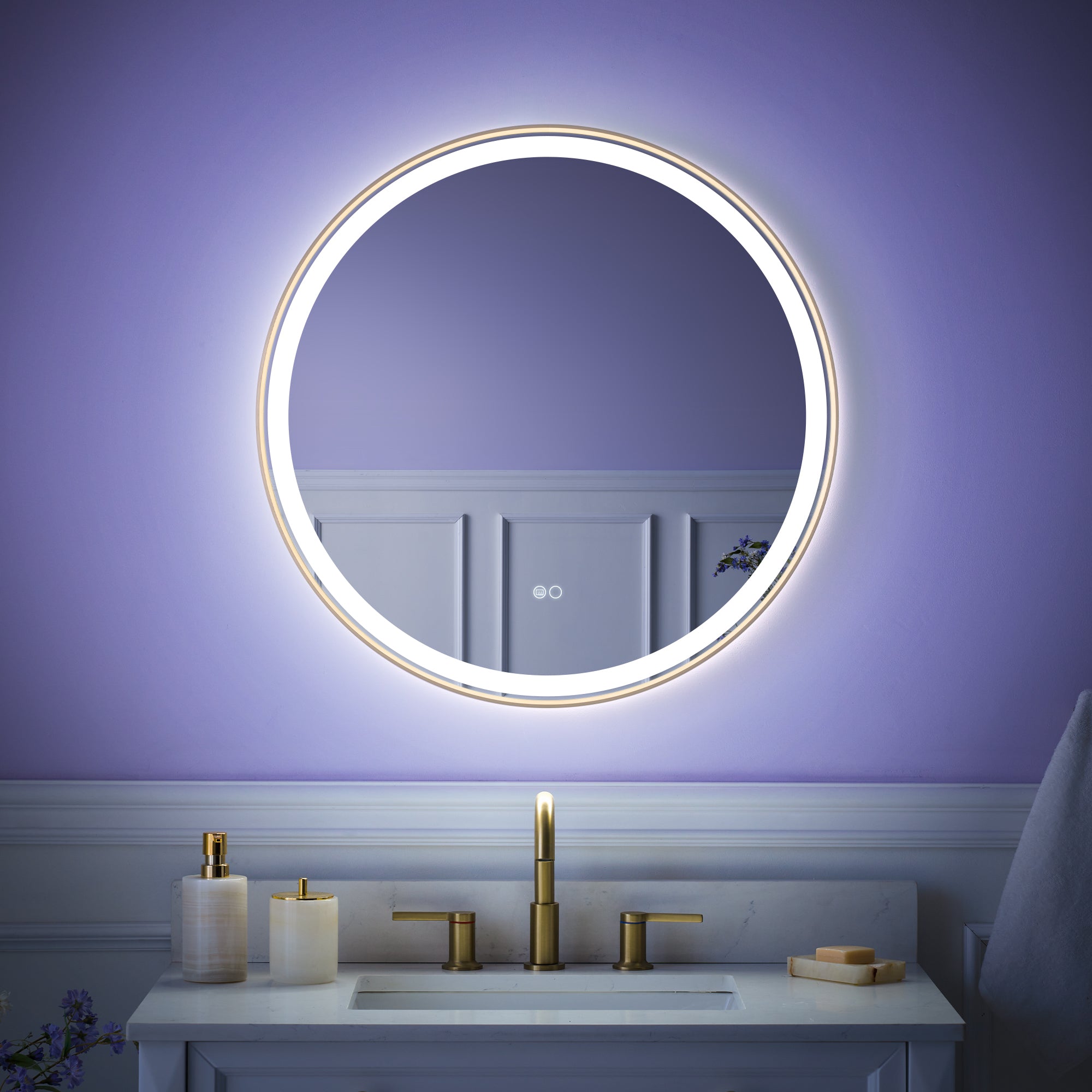 28 in.  W x 28 in.  H Brushed Gold Framed Round LED Light Bathroom Vanity Mirror