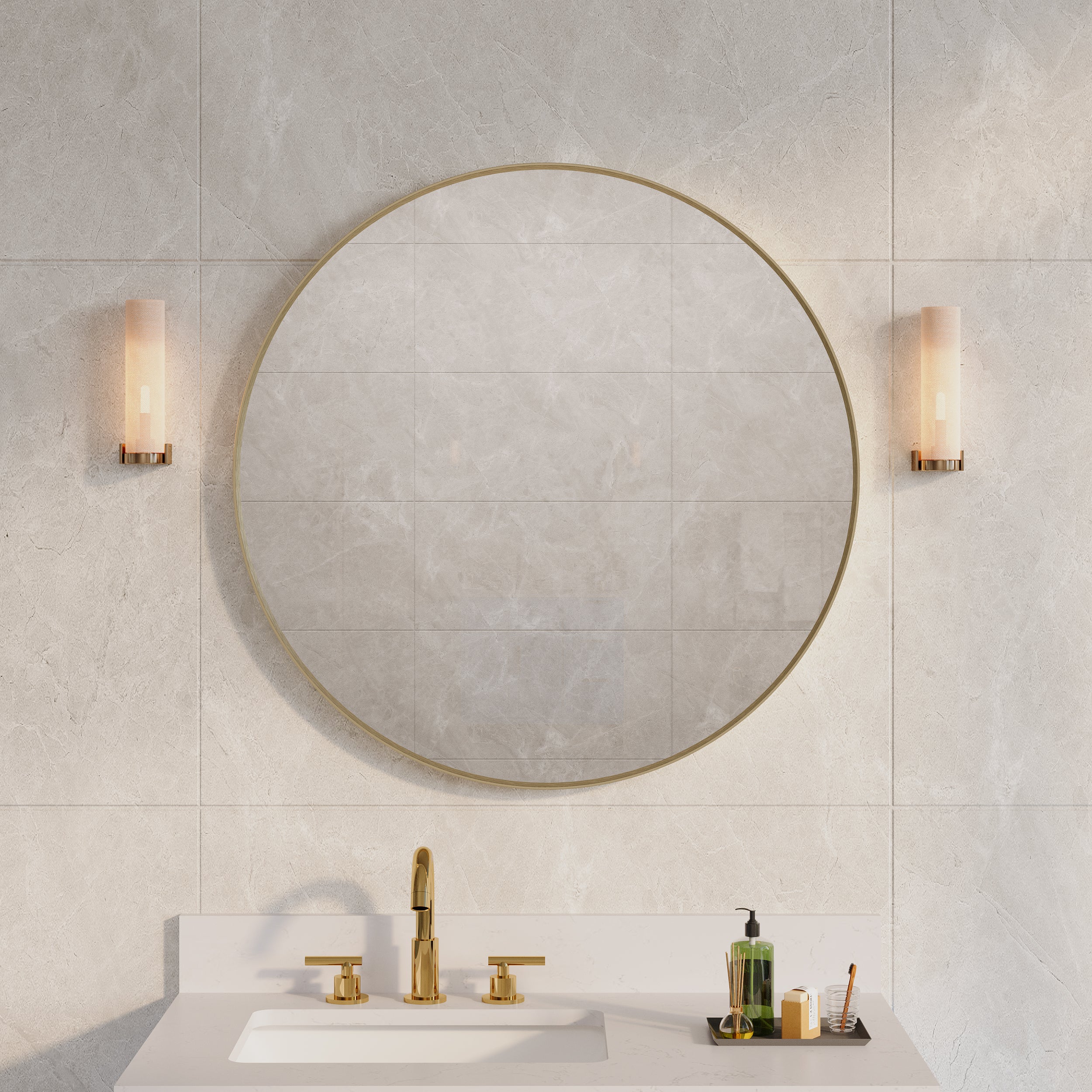 32 in. W x 32 in. H Brushed Gold Modern Bathroom Mirror Round Framed Aluminum Wall Mirror