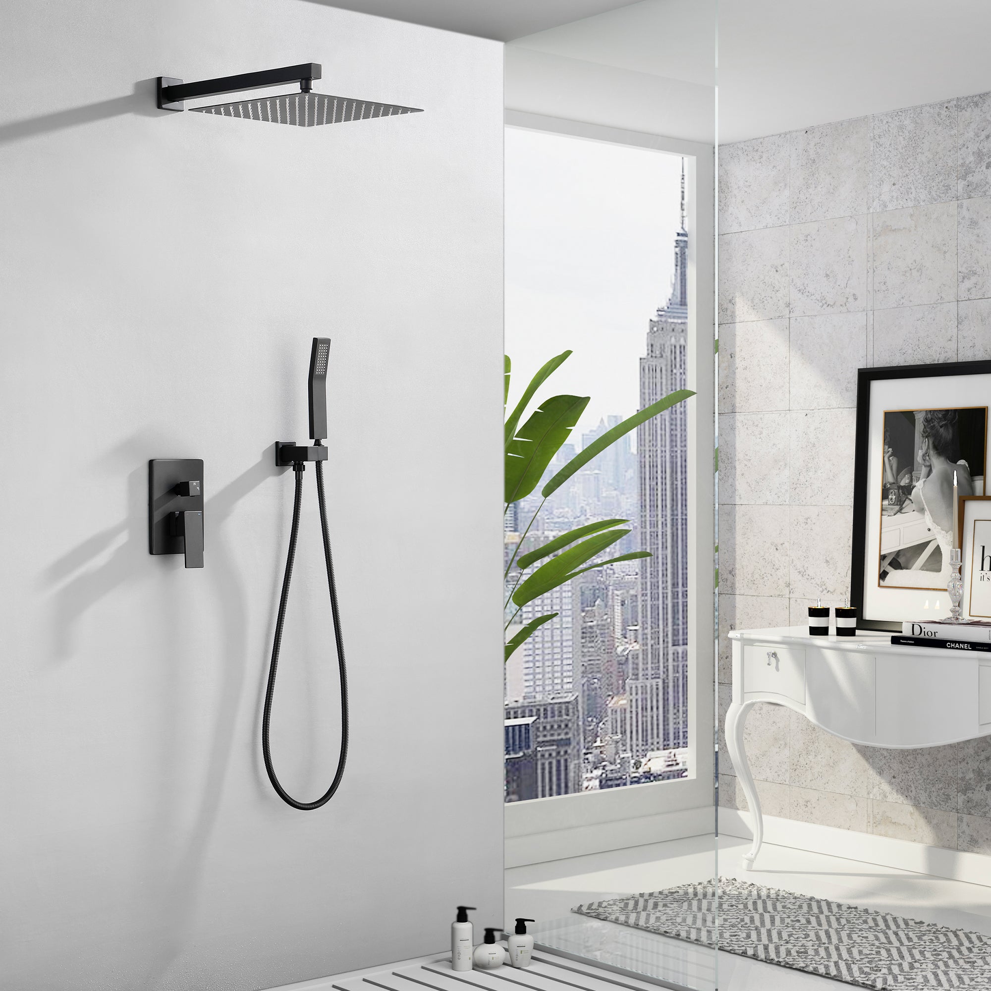 10-in Rain Shower Head Wall Mount Dual Head Waterfall Built-In Shower System