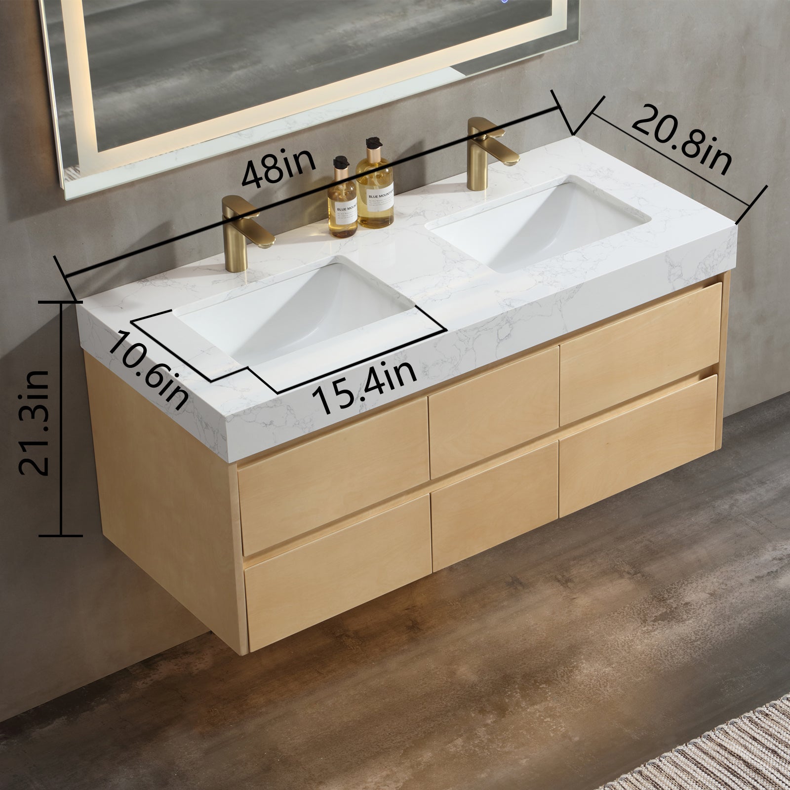 48" Modern Floating Maple Wood Bathroom Vanity Cabinet with LED Light and Double Basin