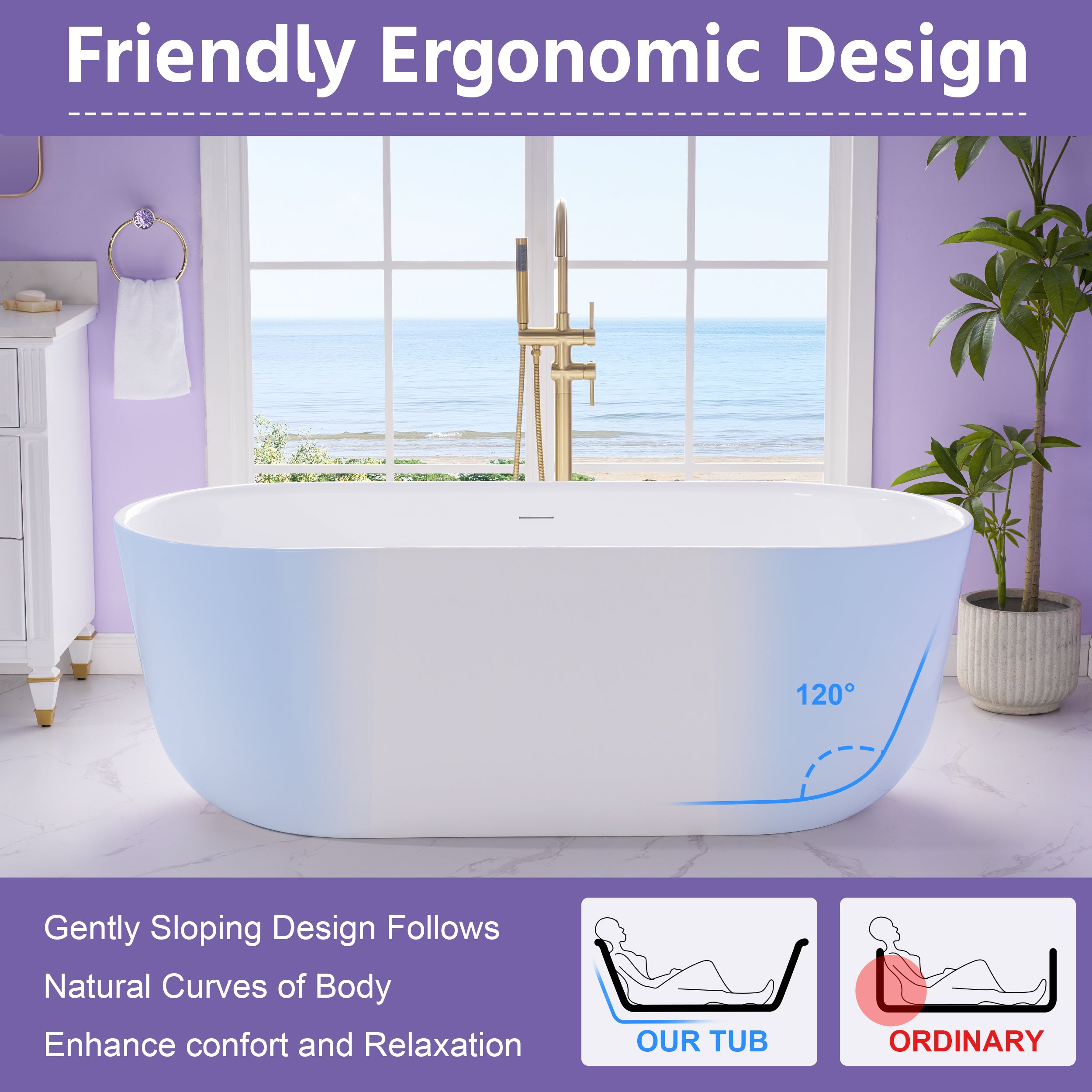 67" Freestanding Glossy White Acrylic Bathtub with Integrated Overflow