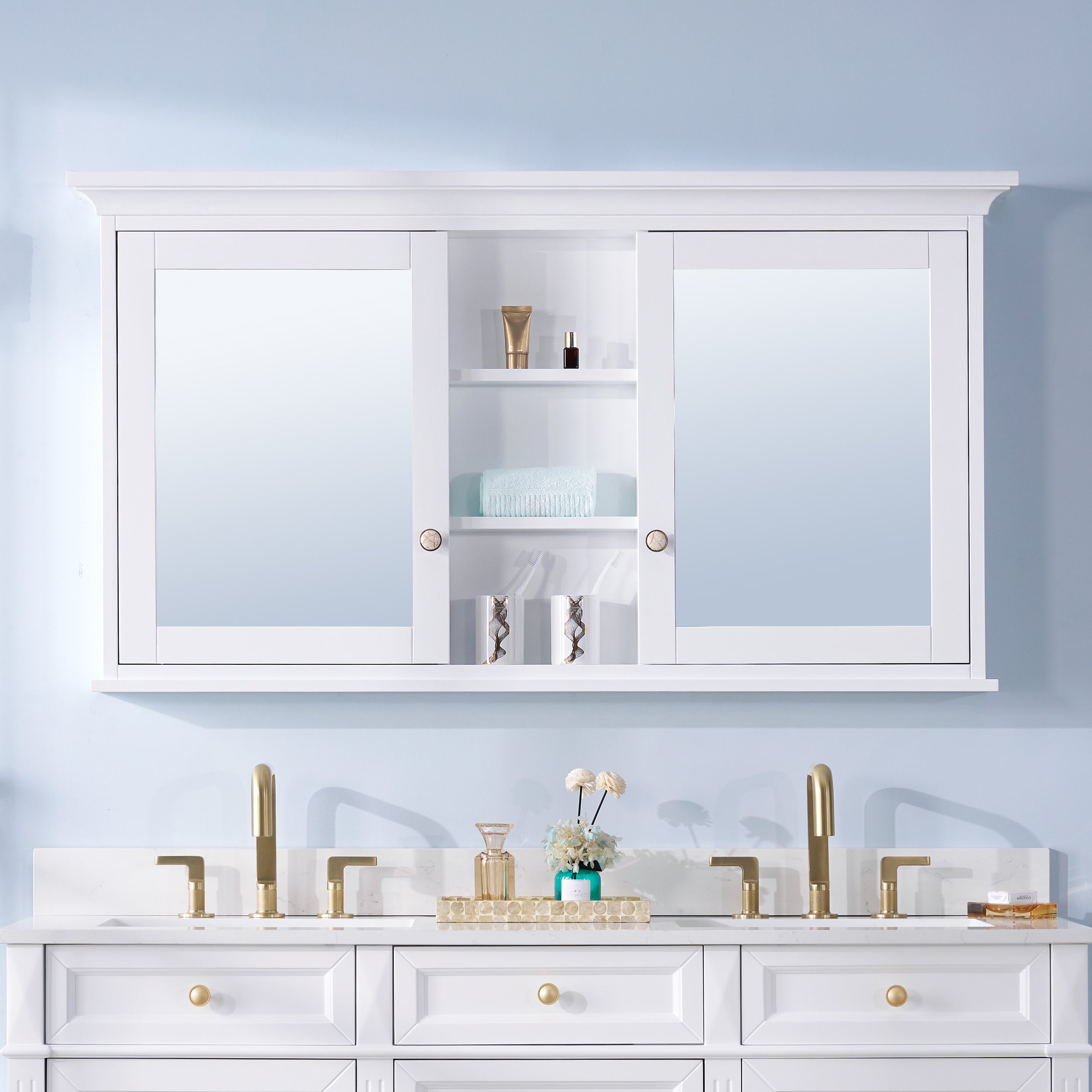 55 in.W x 30 in.H Surface-Mount Bathroom Medicine Cabinet with Mirror in White