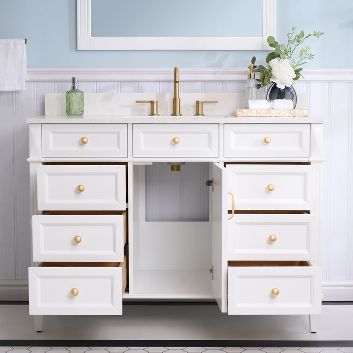 48 in. Bathroom Vanity in White with Quartz Vanity Top in Carrara with Single White Basin