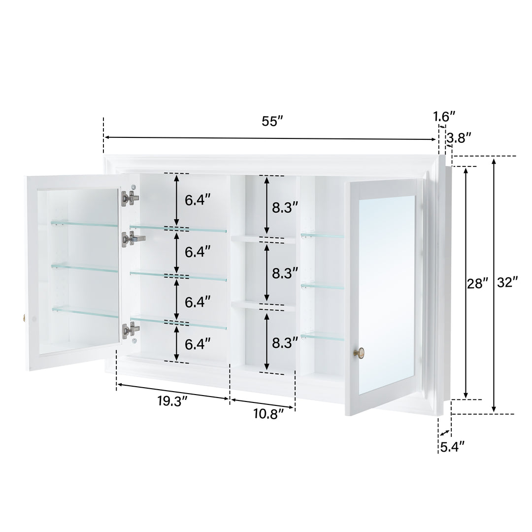 55 in.W x 32 in.H Recessed Bathroom Medicine Cabinet with Mirror in White